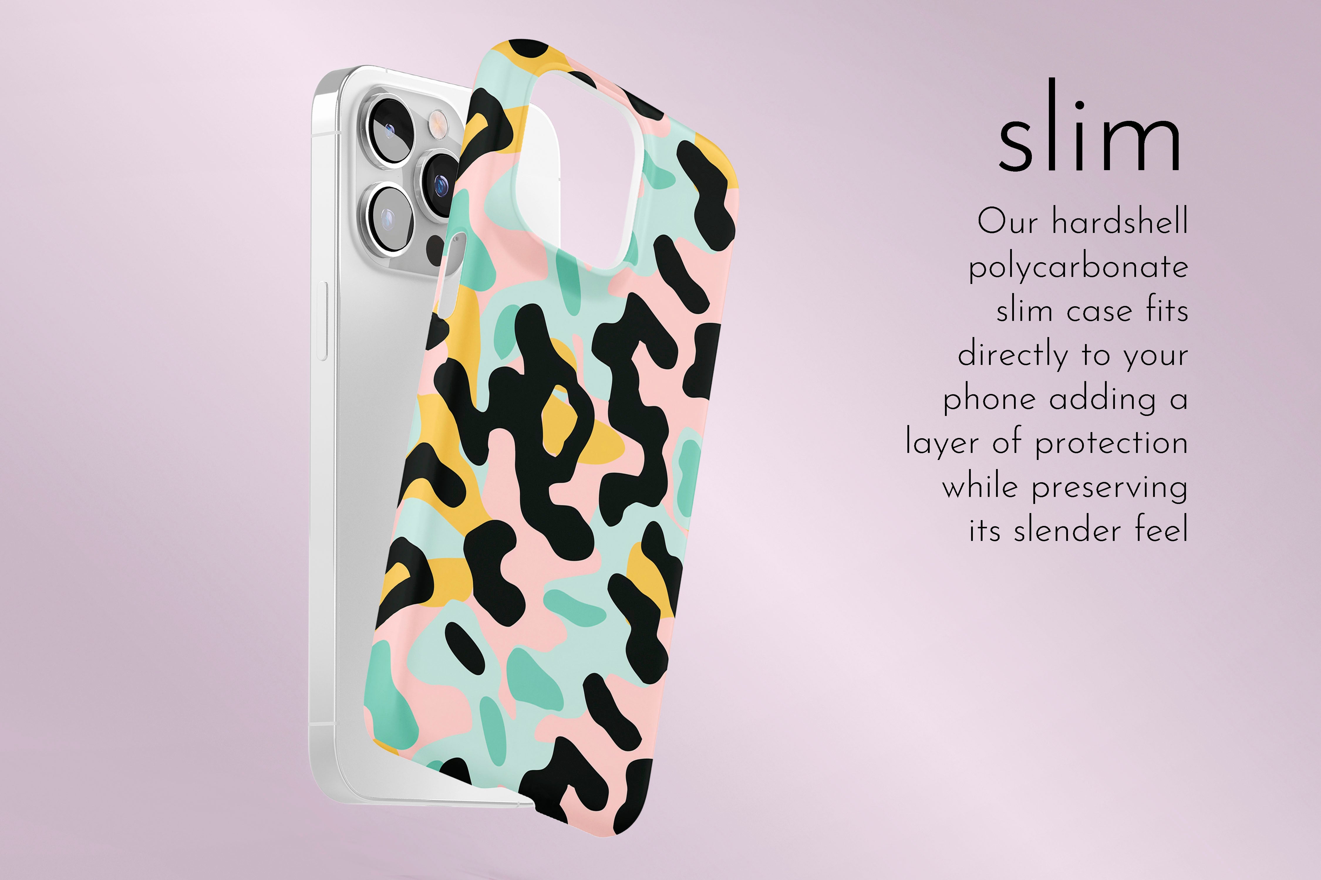 A graphic illustration of our 80S Camo Cool design describing the main features of our slim type phone case