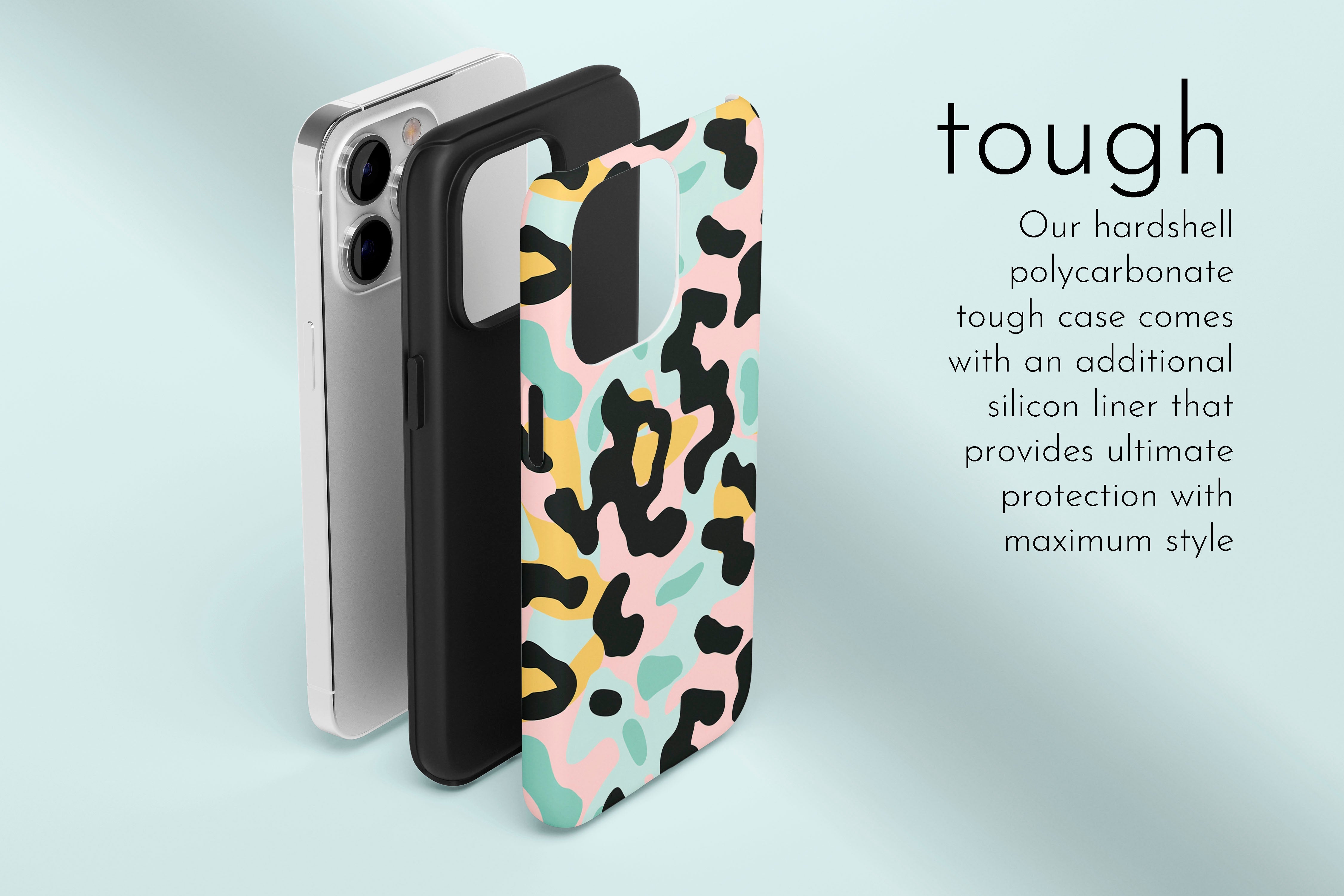A graphic illustration of our 80S Camo Cool design describing the main features of our tough type phone case