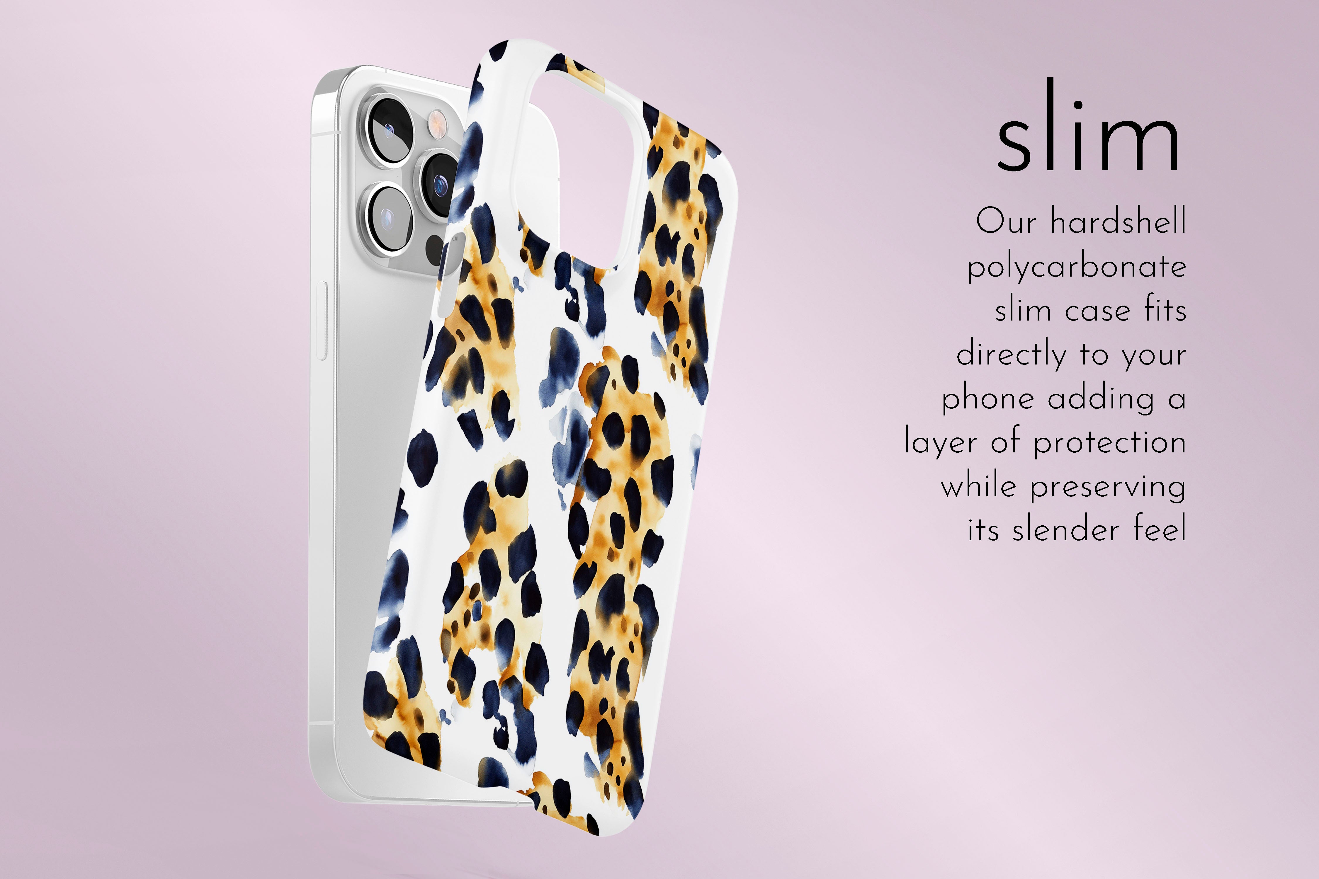 A graphic illustration of our Abstract Leopard design describing the main features of our slim type phone case