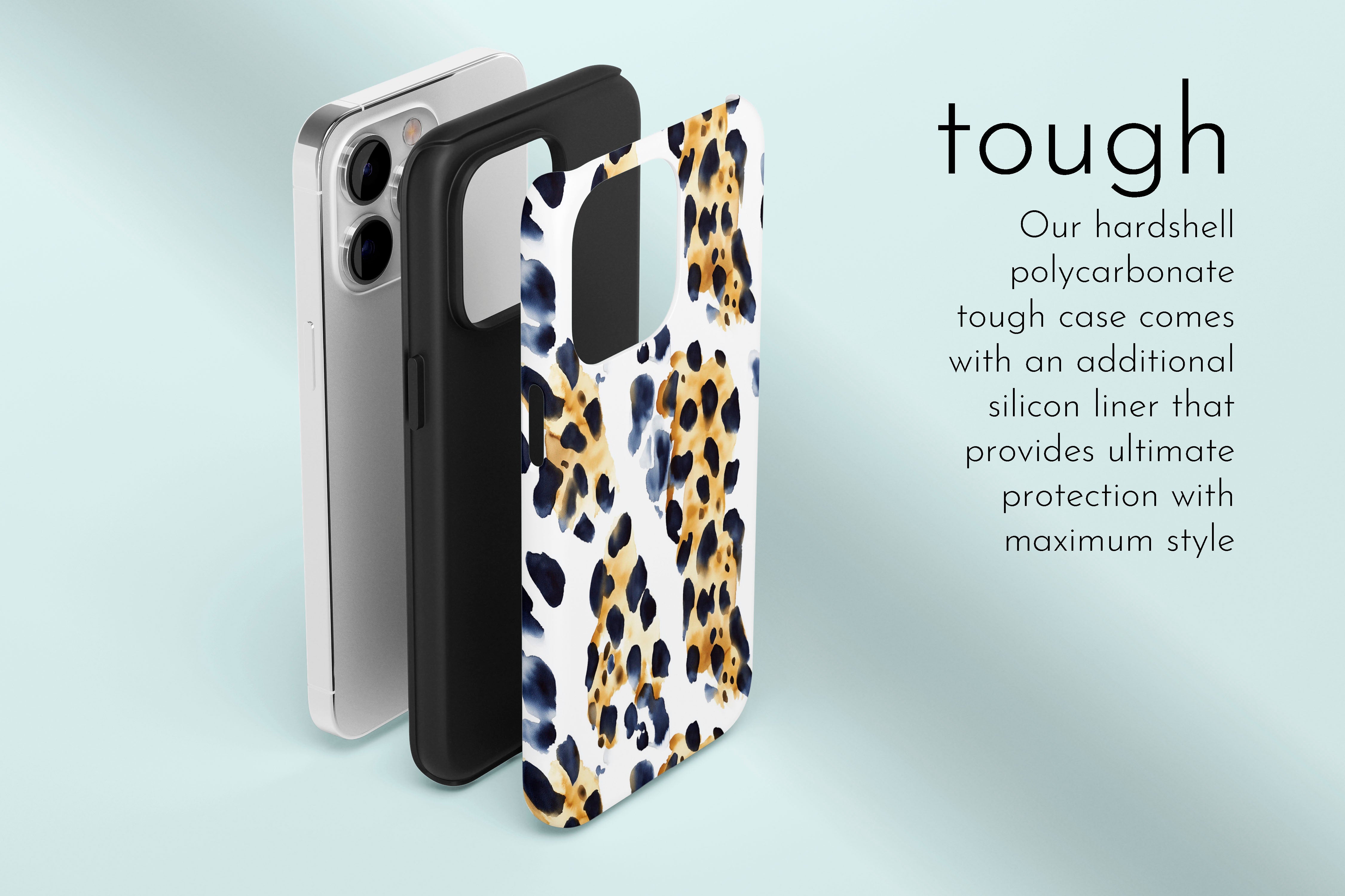 A graphic illustration of our Abstract Leopard design describing the main features of our tough type phone case