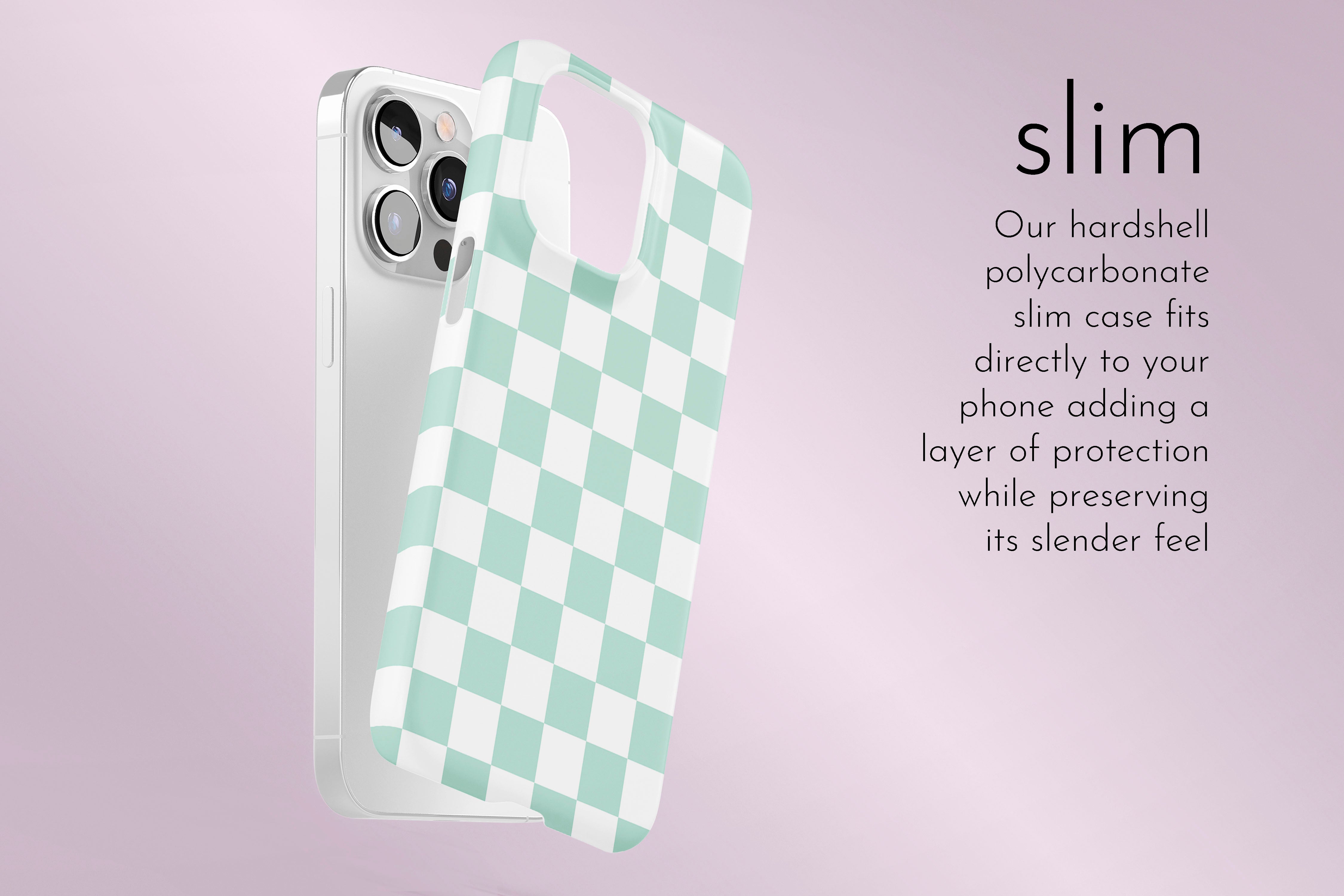 A graphic illustration of our Aqua Checkerboard design describing the main features of our slim type phone case