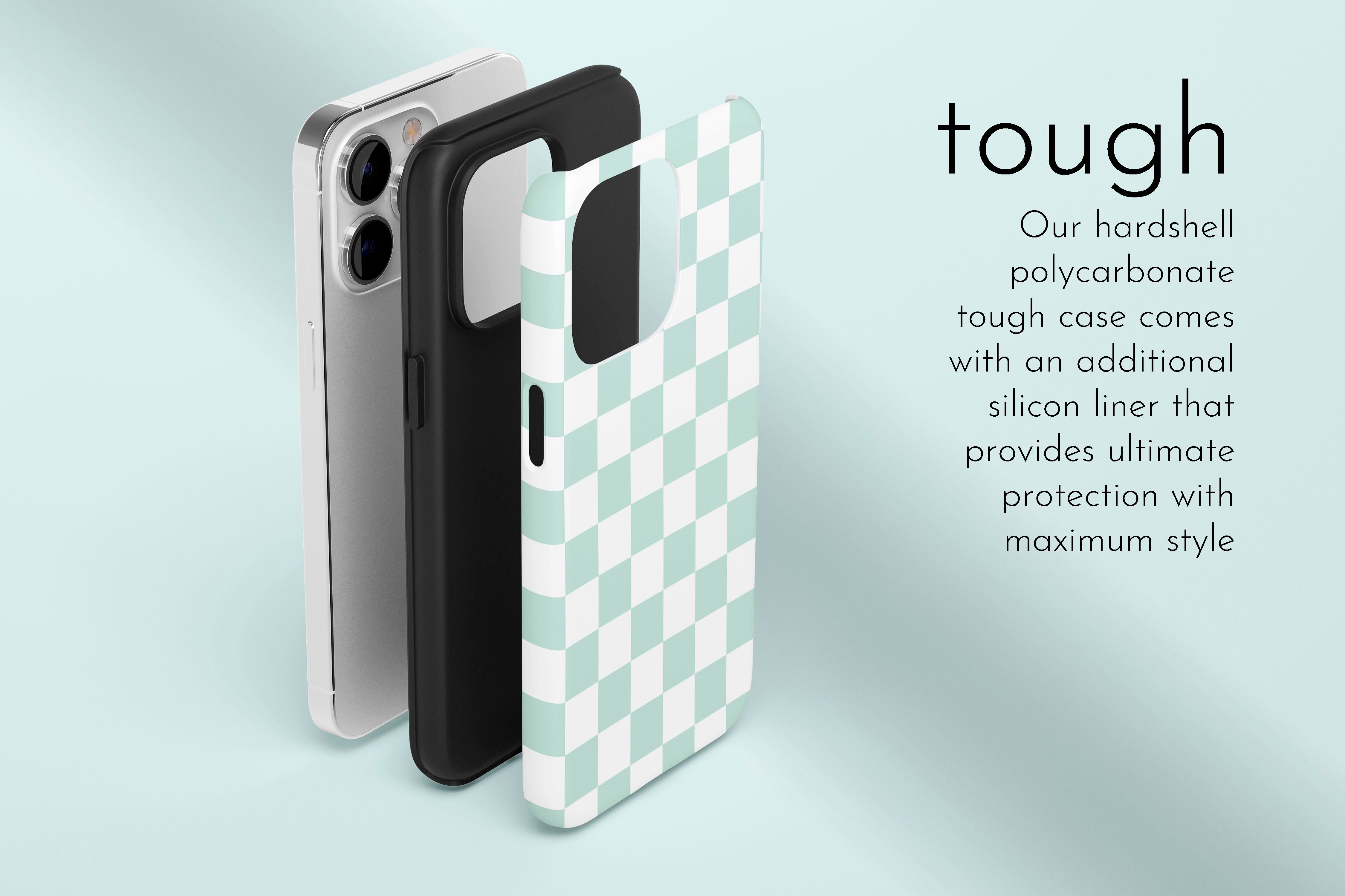 A graphic illustration of our Aqua Checkerboard design describing the main features of our tough type phone case