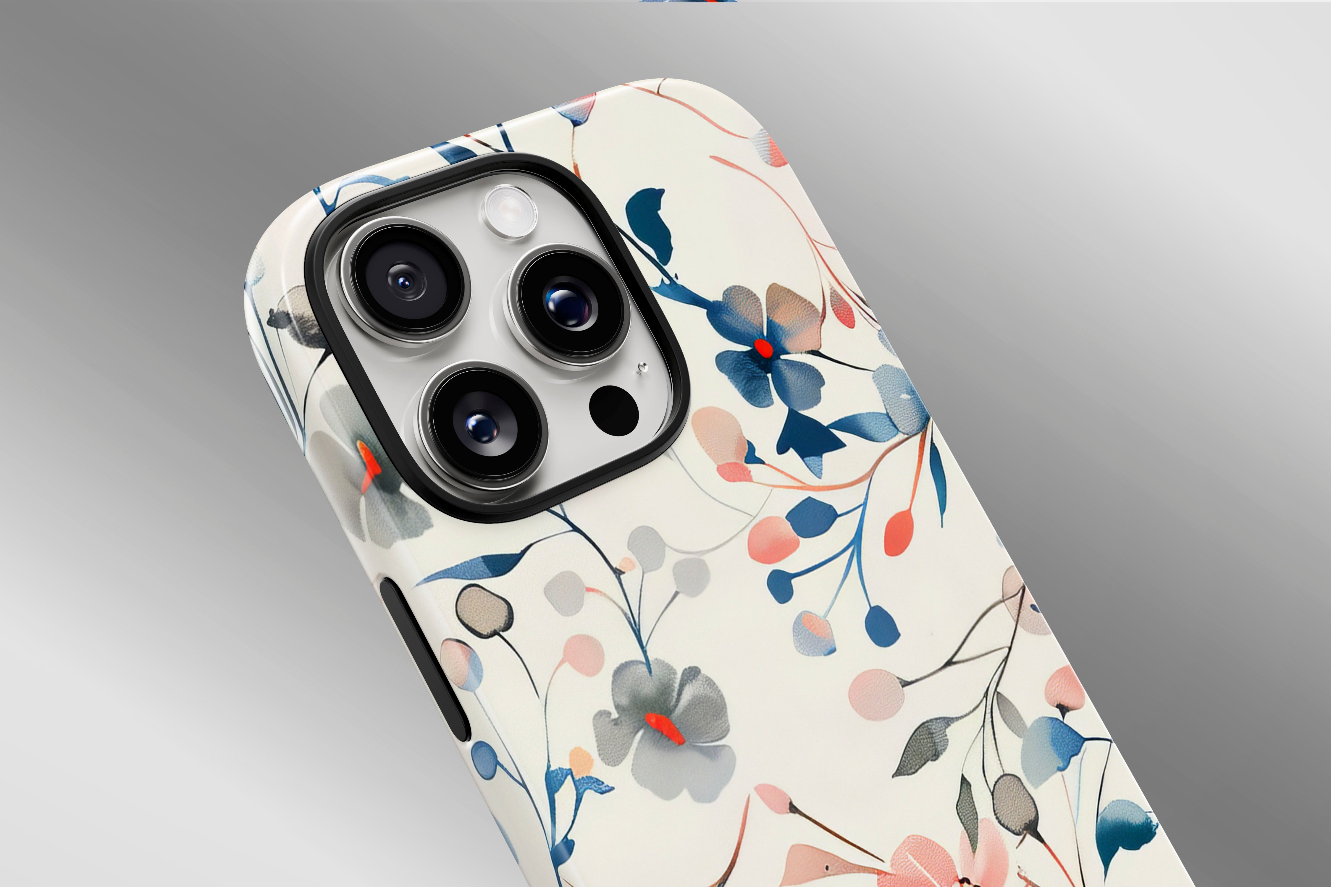 A close up image of a phone case featuring our Blue & Pink Floral design