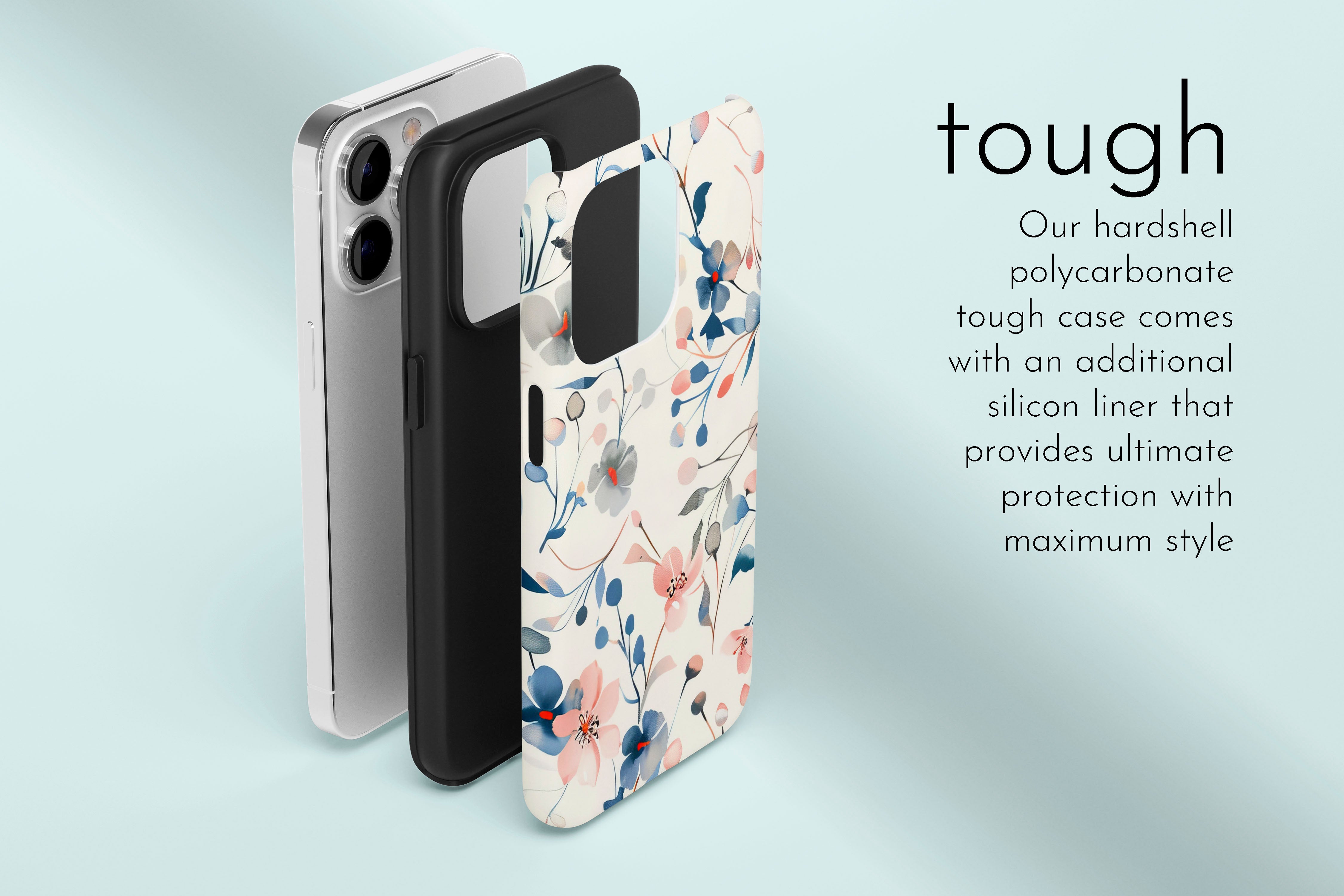A graphic illustration of our Blue & Pink Floral design describing the main features of our tough type phone case