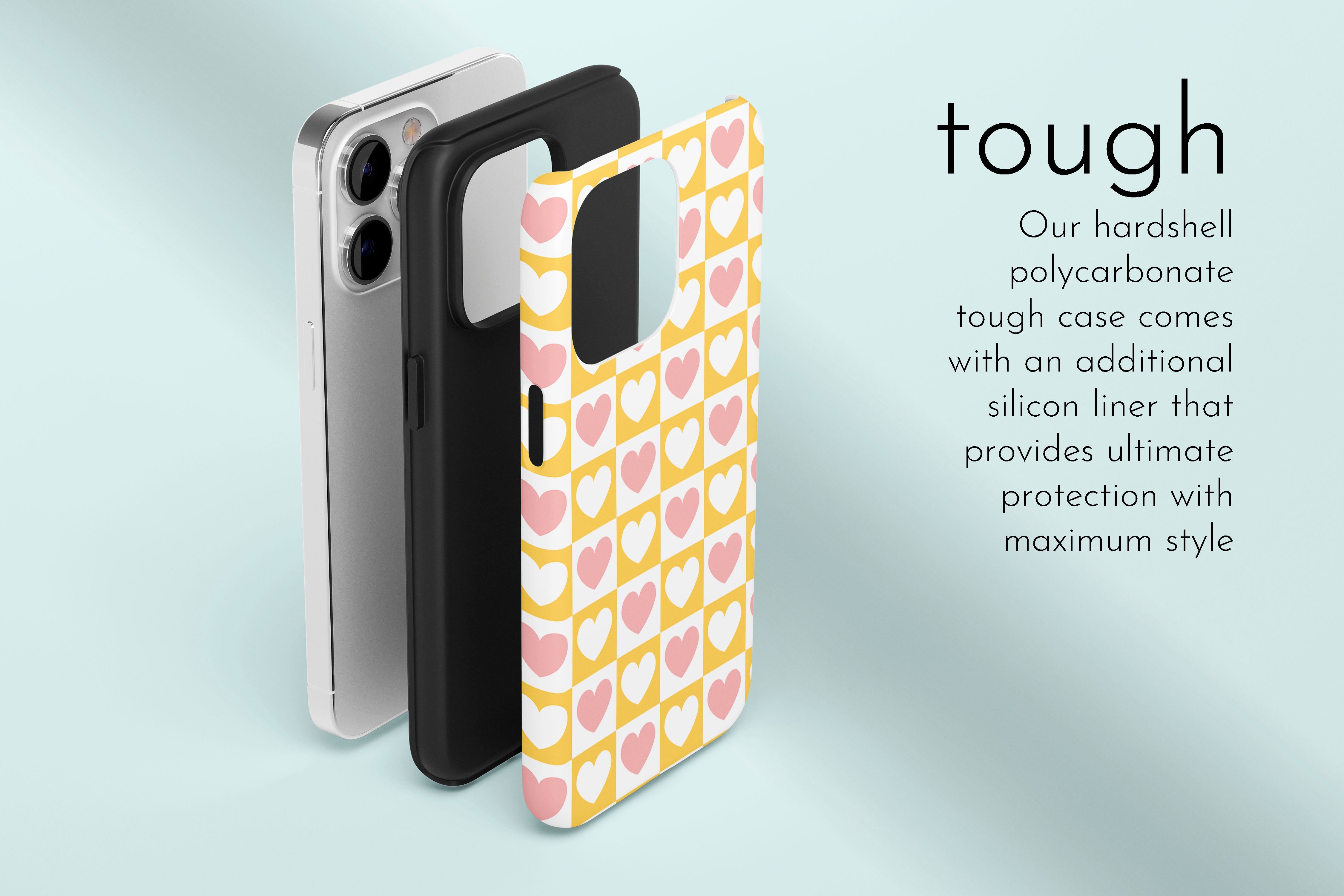 A graphic illustration of our Check Heart design describing the main features of our tough type phone case