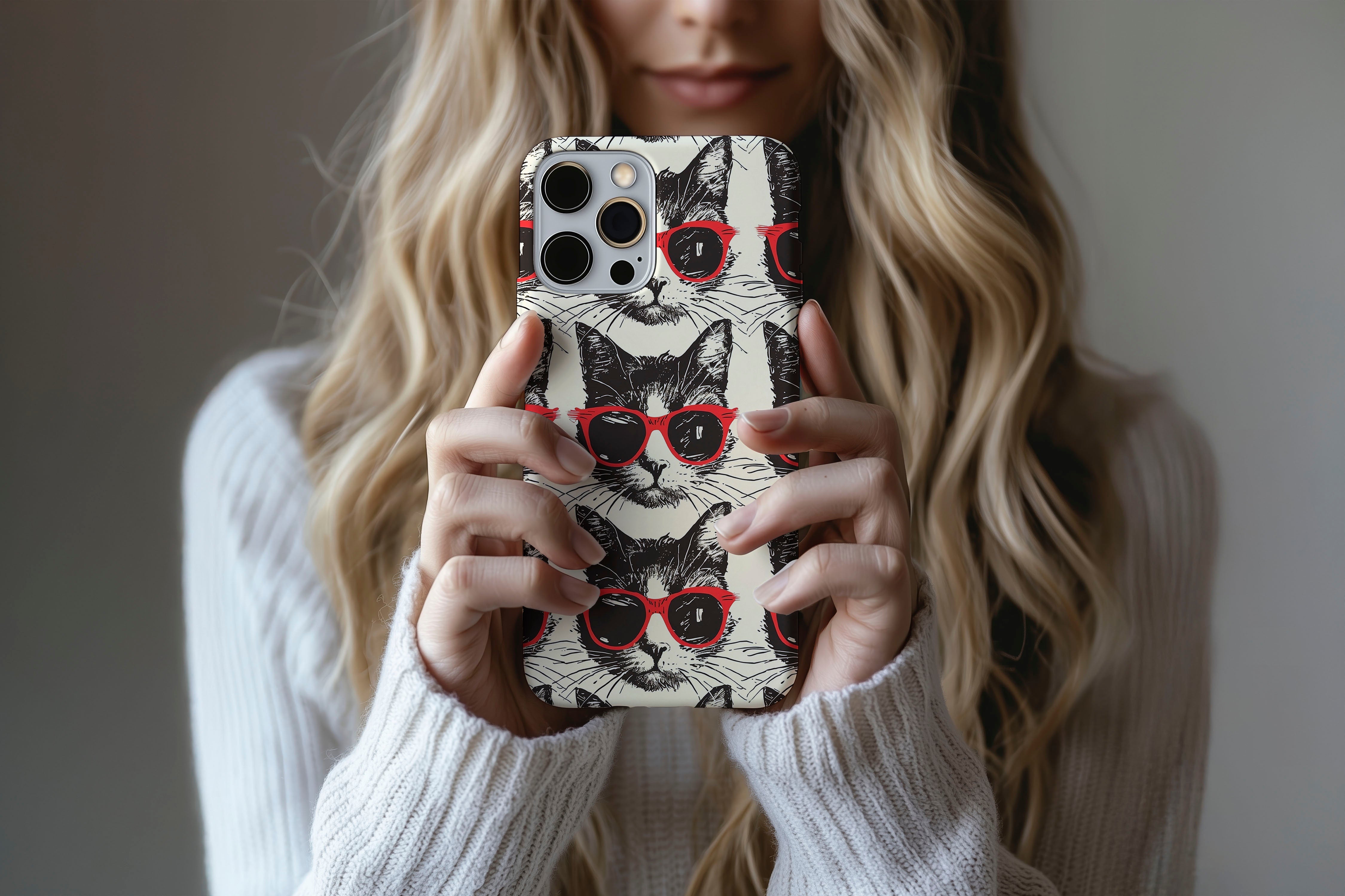 A cute girl holding a phone case featuring our Cool Cat design