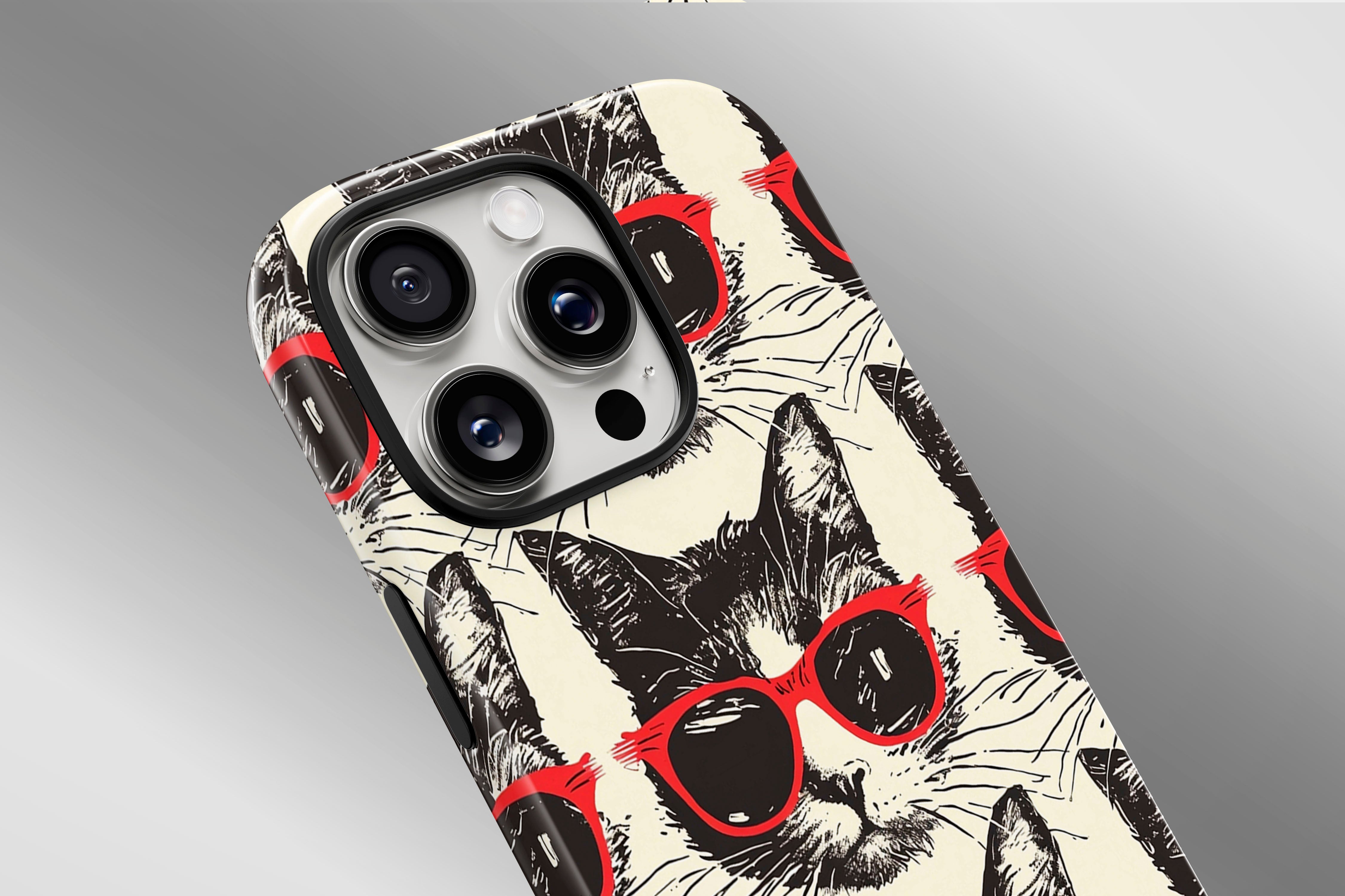 A close up image of a phone case featuring our Cool Cat design