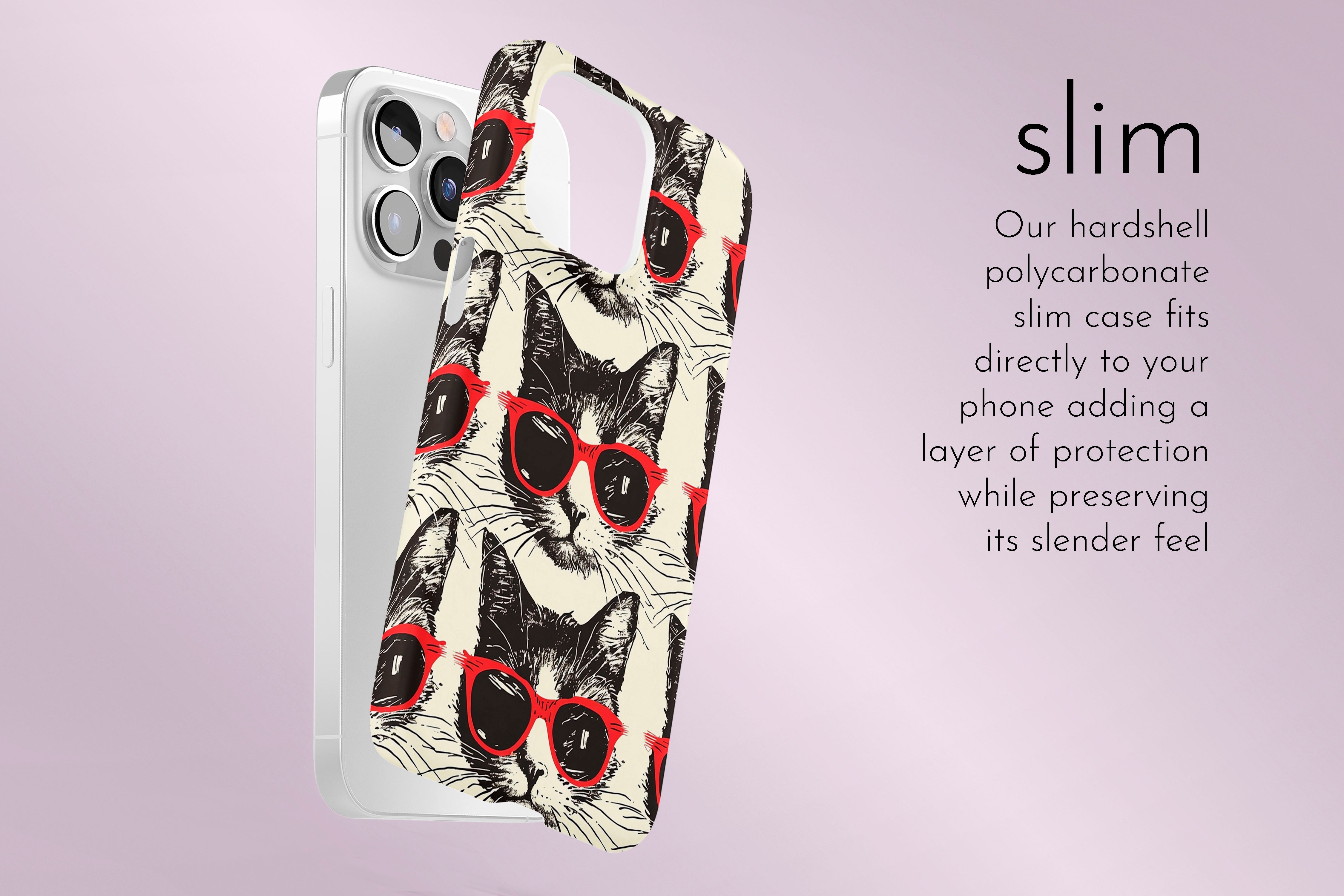 A graphic illustration of our Cool Cat design describing the main features of our slim type phone case