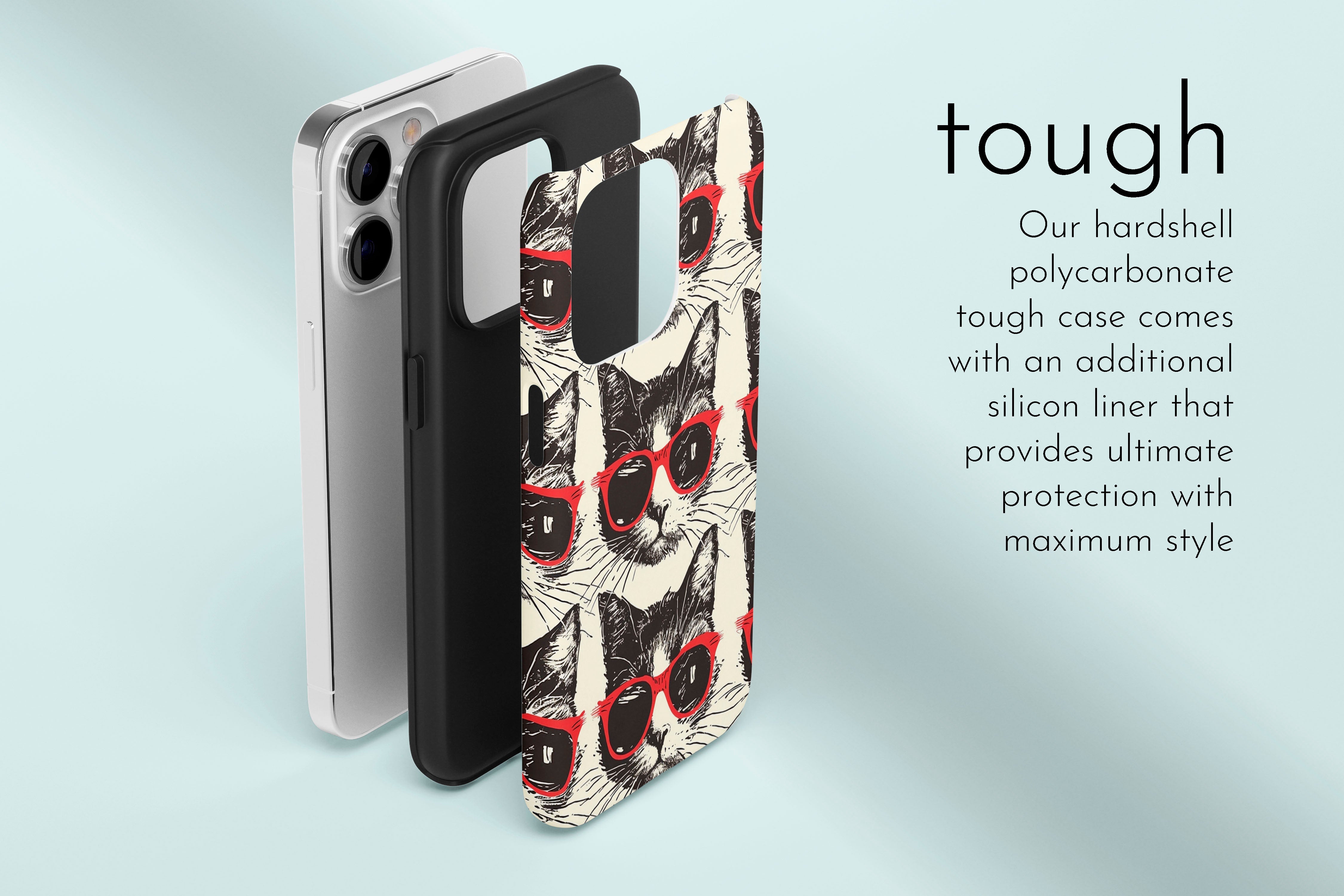 A graphic illustration of our Cool Cat design describing the main features of our tough type phone case