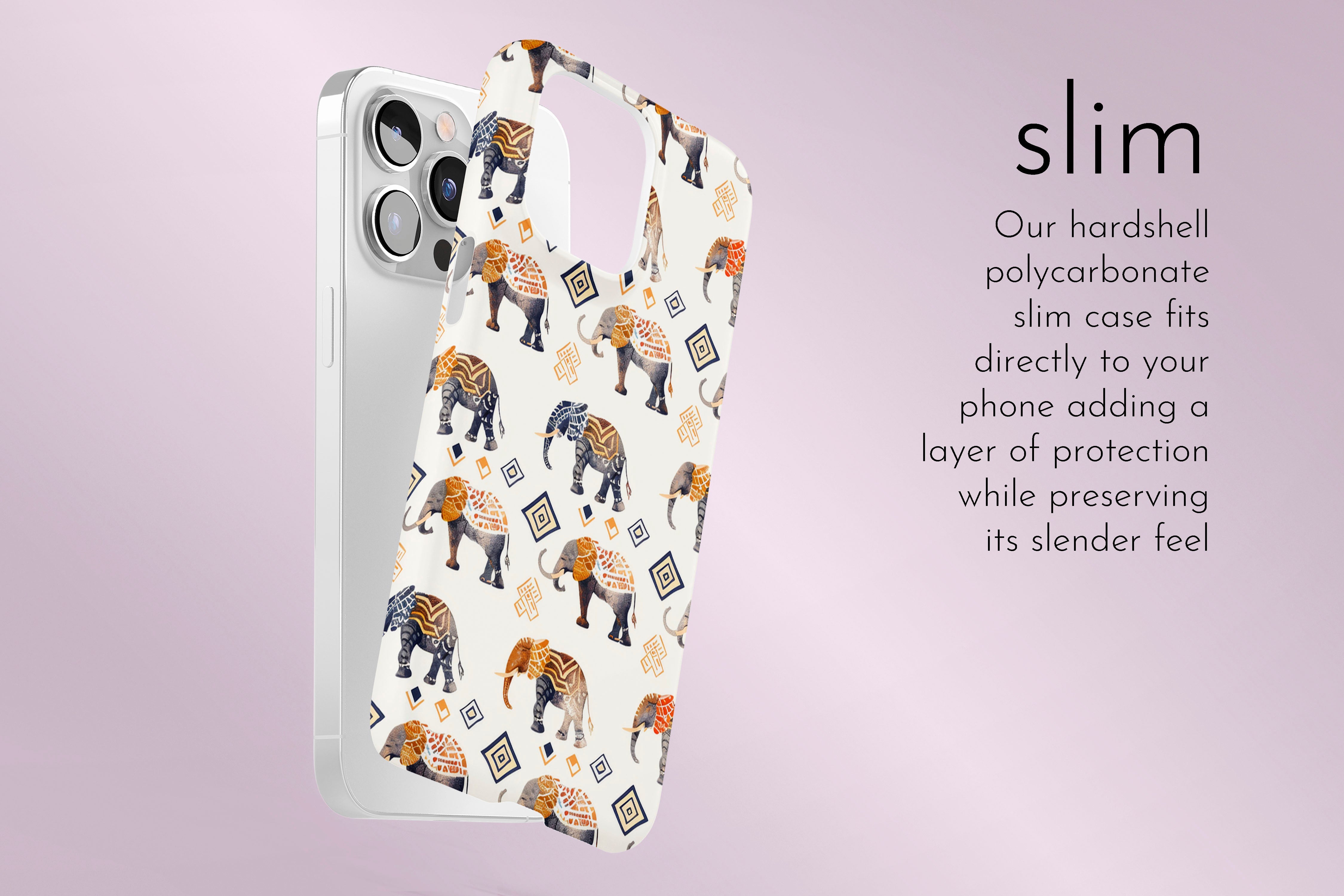 A graphic illustration of our Elephants design describing the main features of our slim type phone case