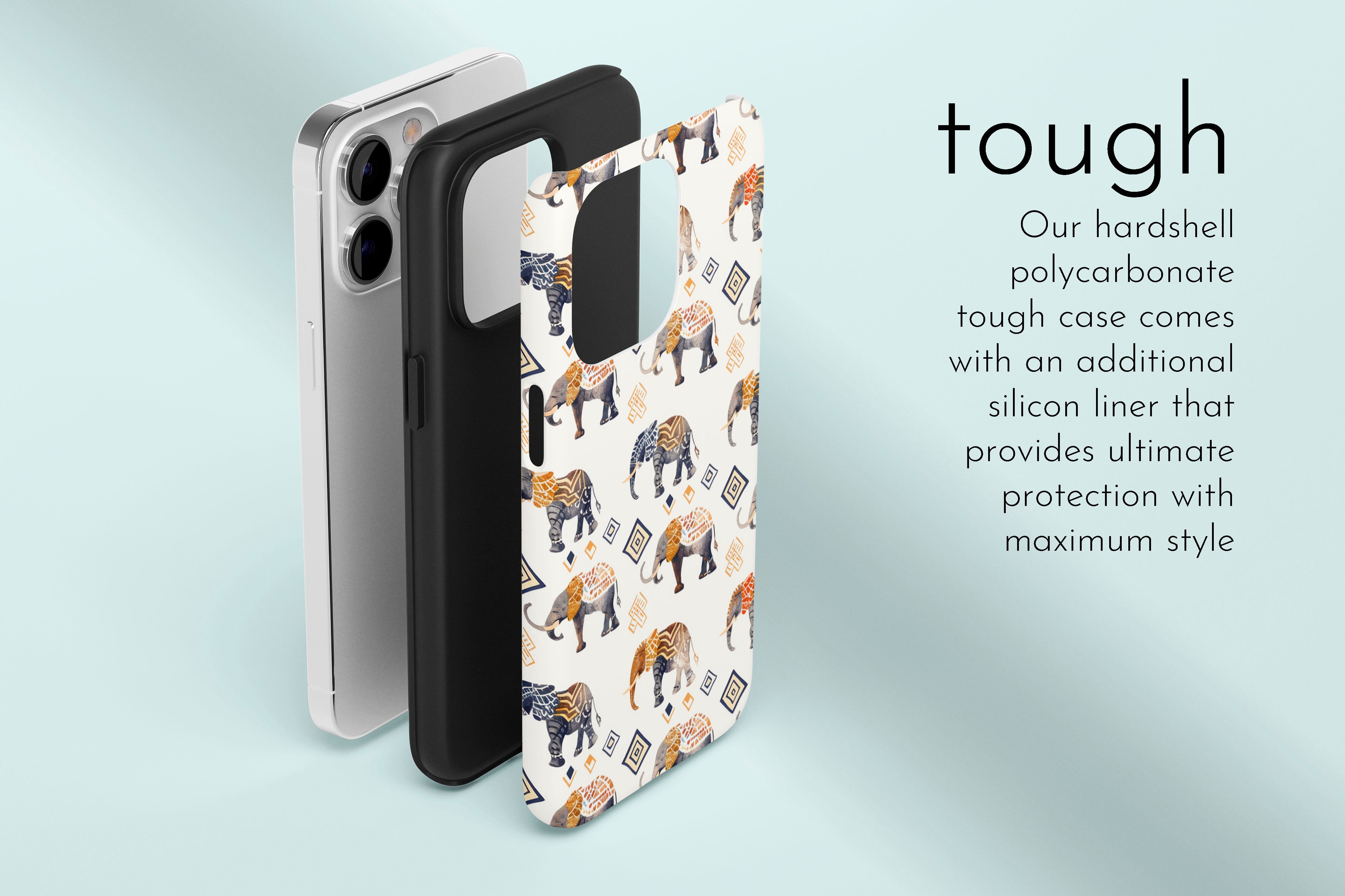 A graphic illustration of our Elephants design describing the main features of our tough type phone case