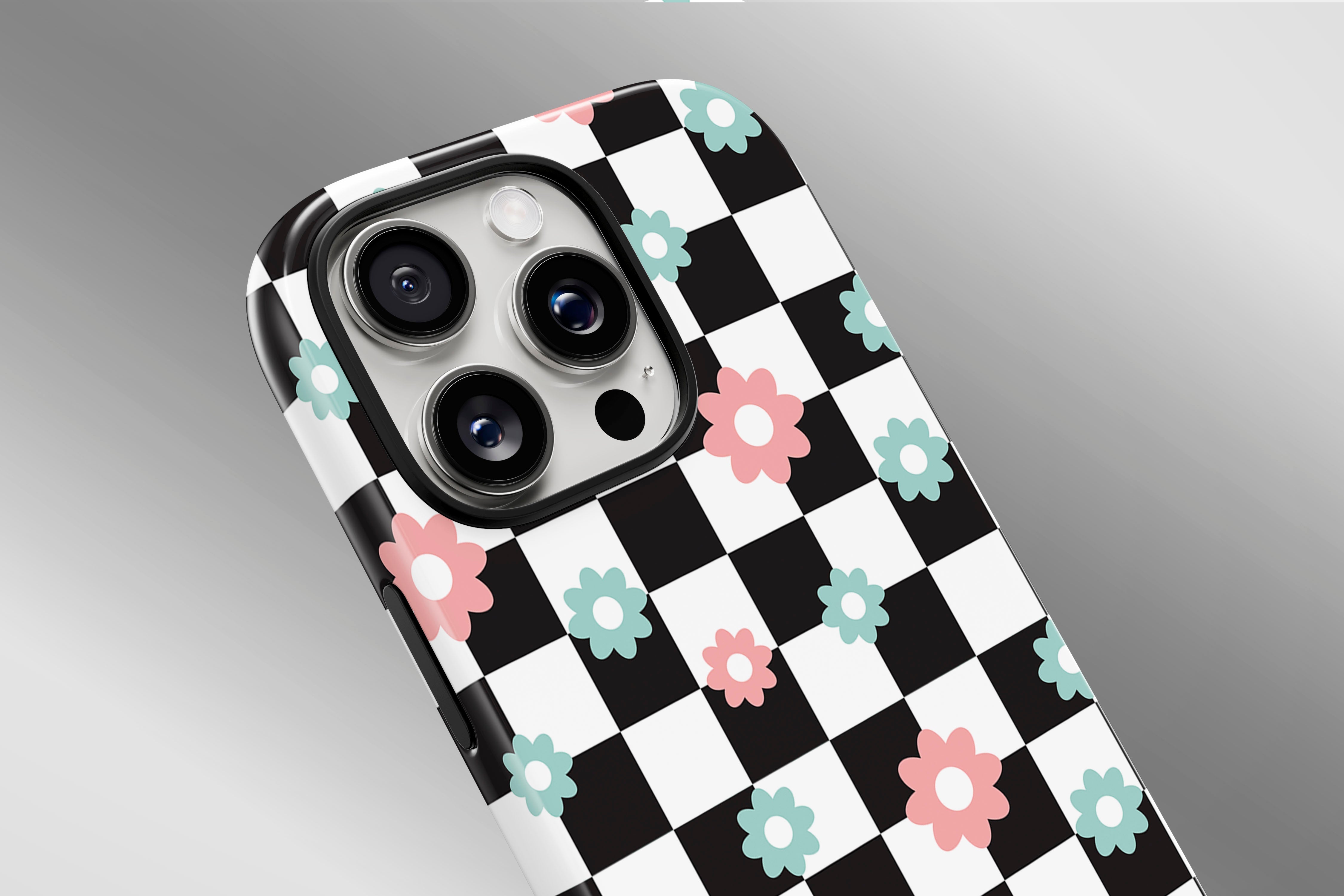 A close up image of a phone case featuring our Check Flower design