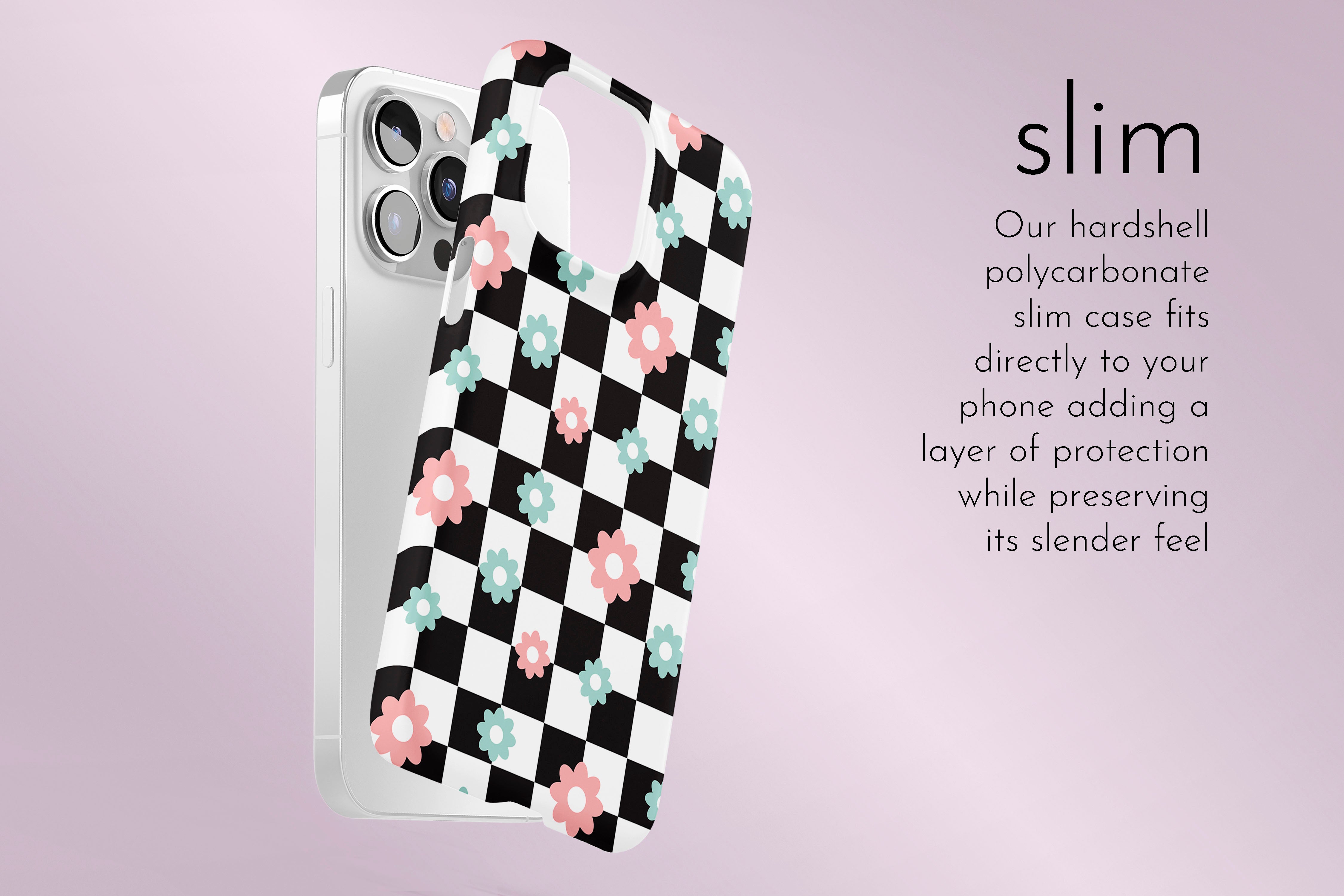 A graphic illustration of our Check Flower design describing the main features of our slim type phone case