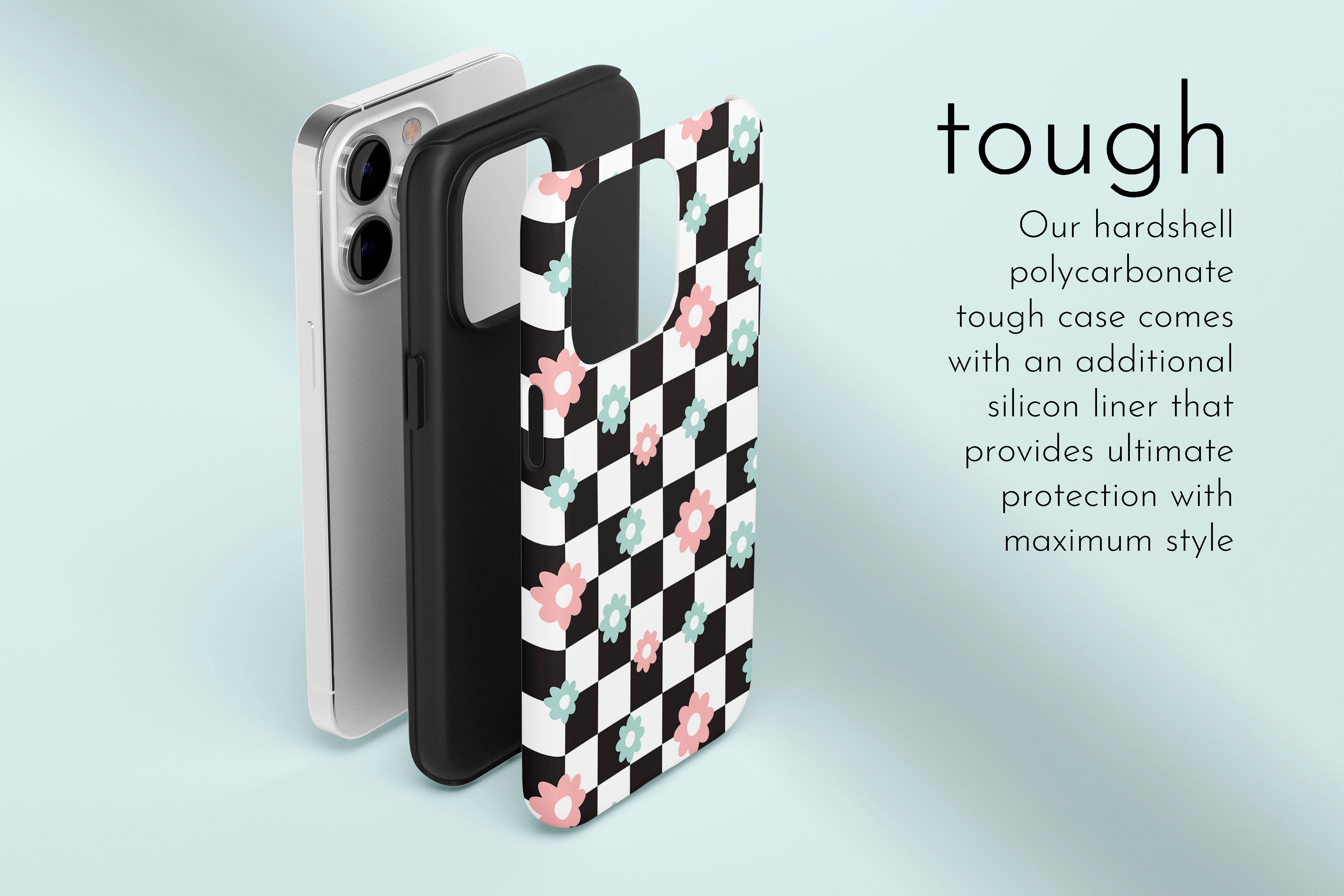 A graphic illustration of our Check Flower design describing the main features of our tough type phone case