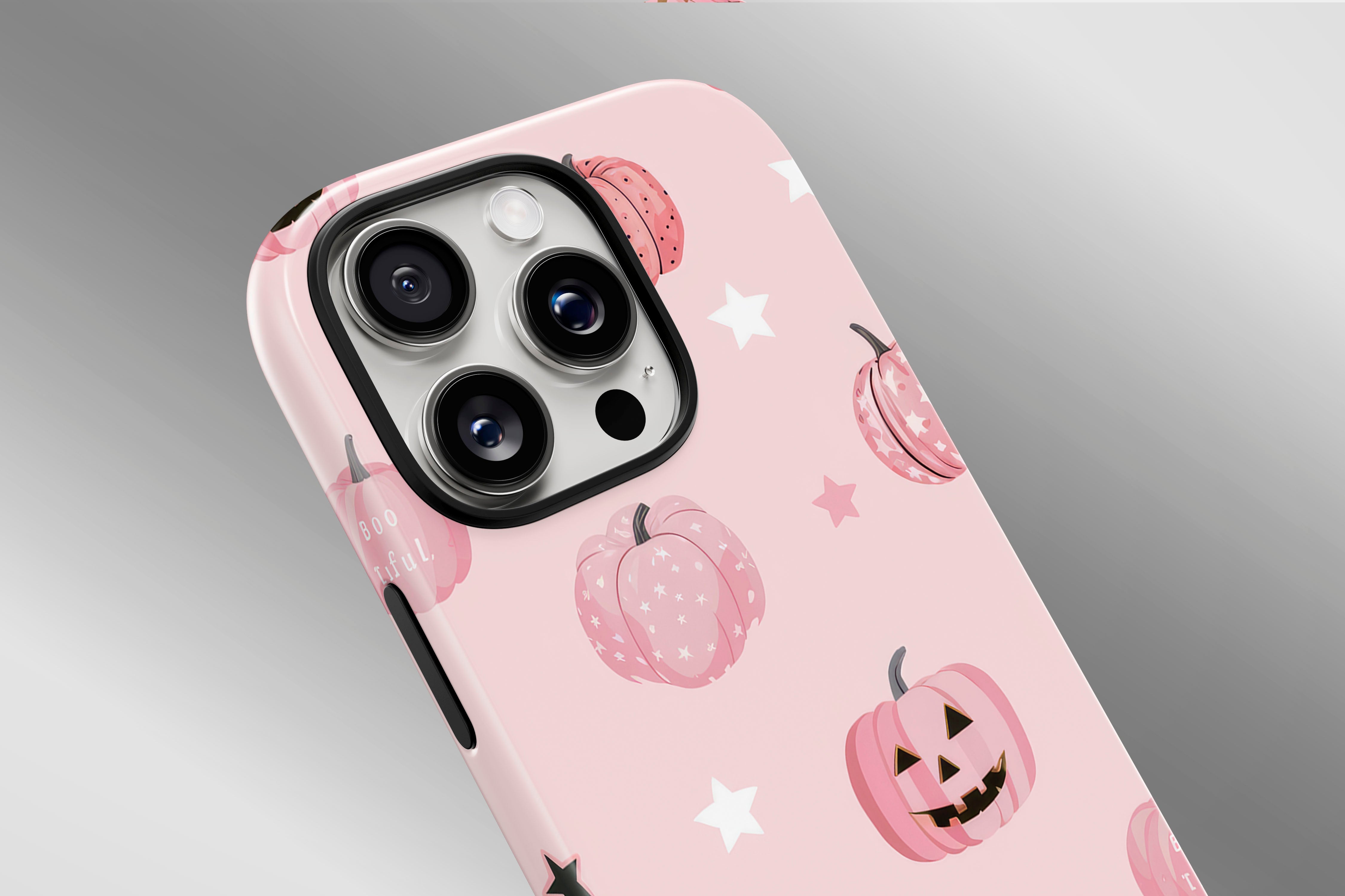 A close up image of a phone case featuring our Halloween Pumpkins design