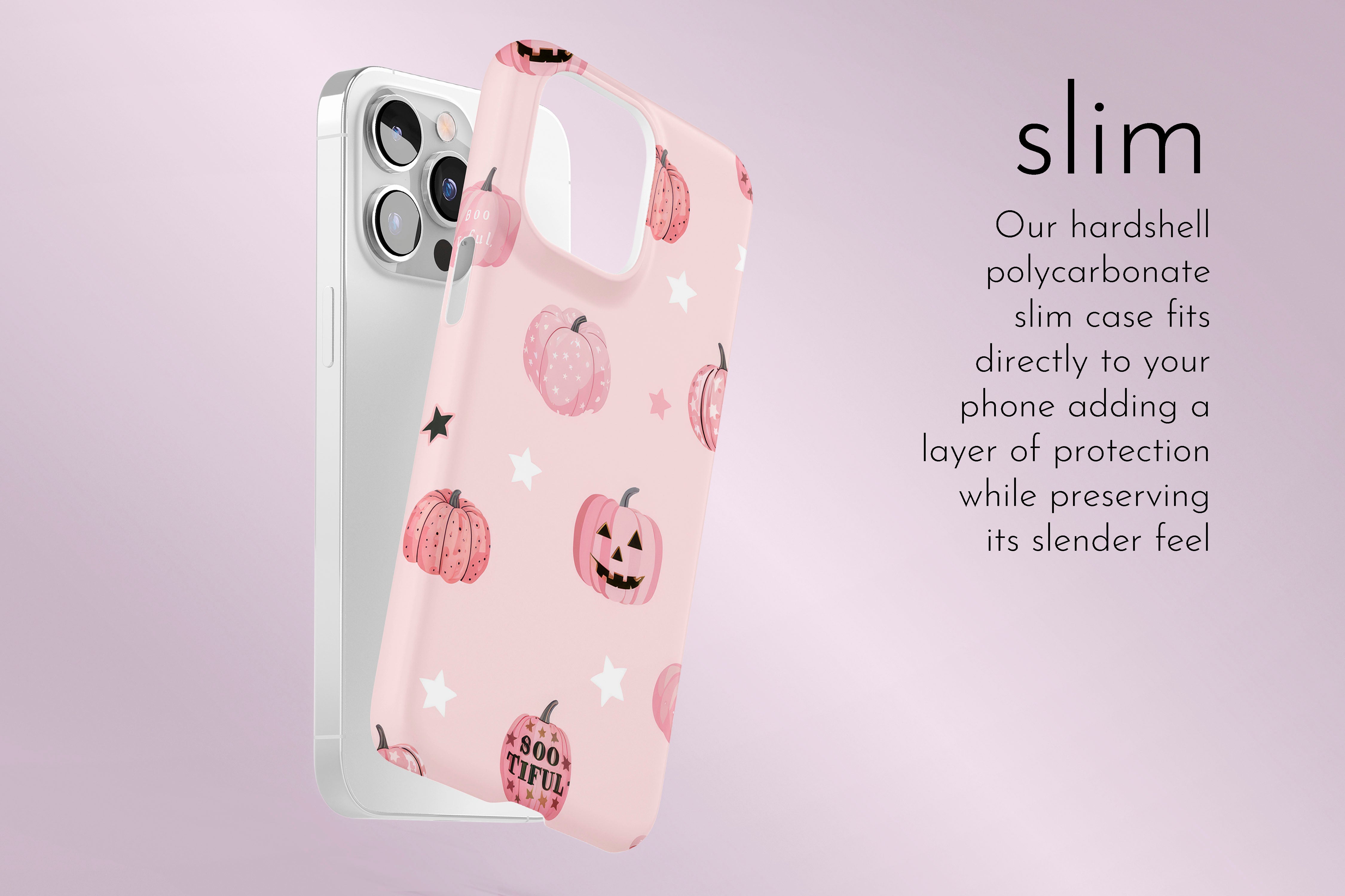A graphic illustration of our Halloween Pumpkins design describing the main features of our slim type phone case