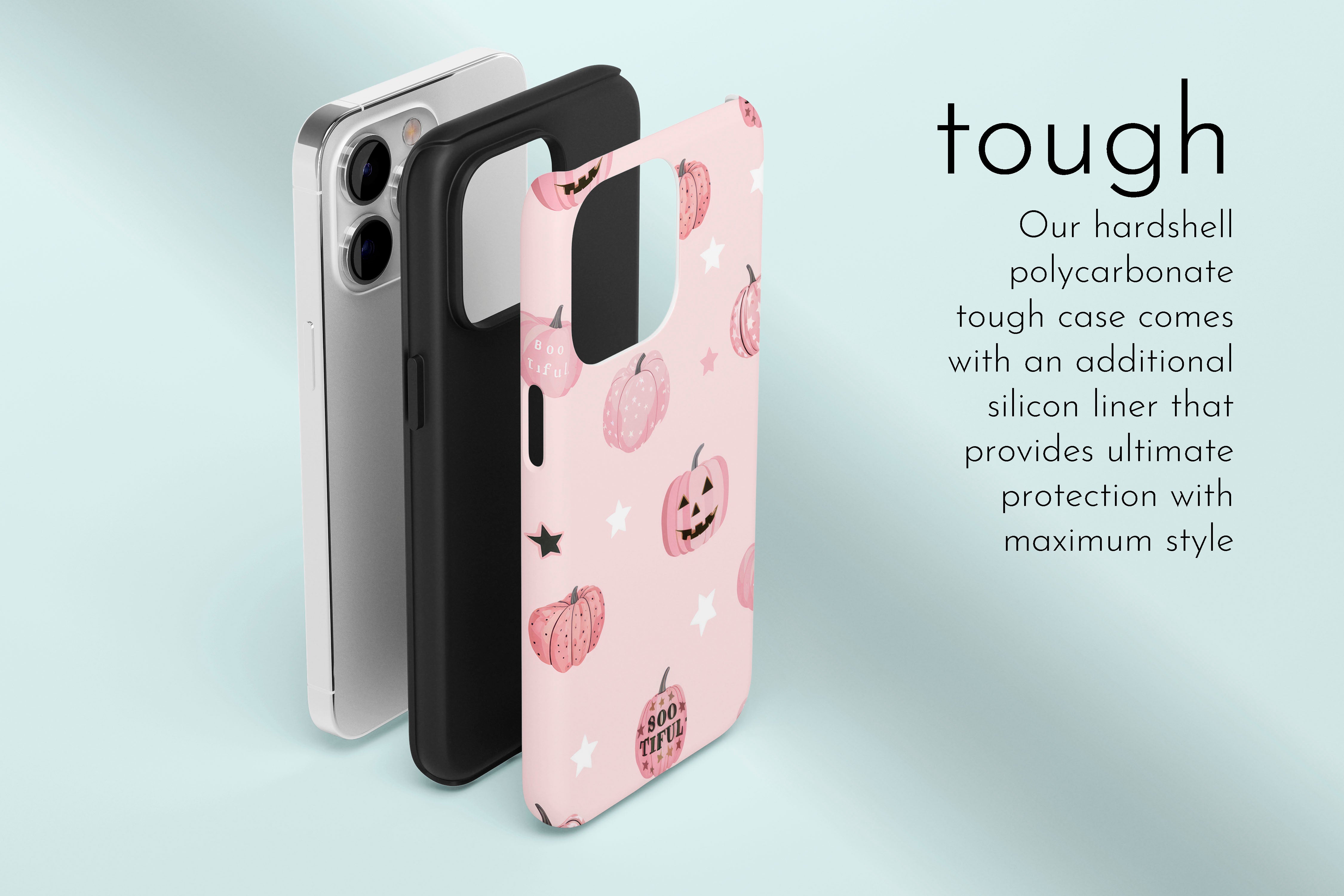 A graphic illustration of our Halloween Pumpkins design describing the main features of our tough type phone case
