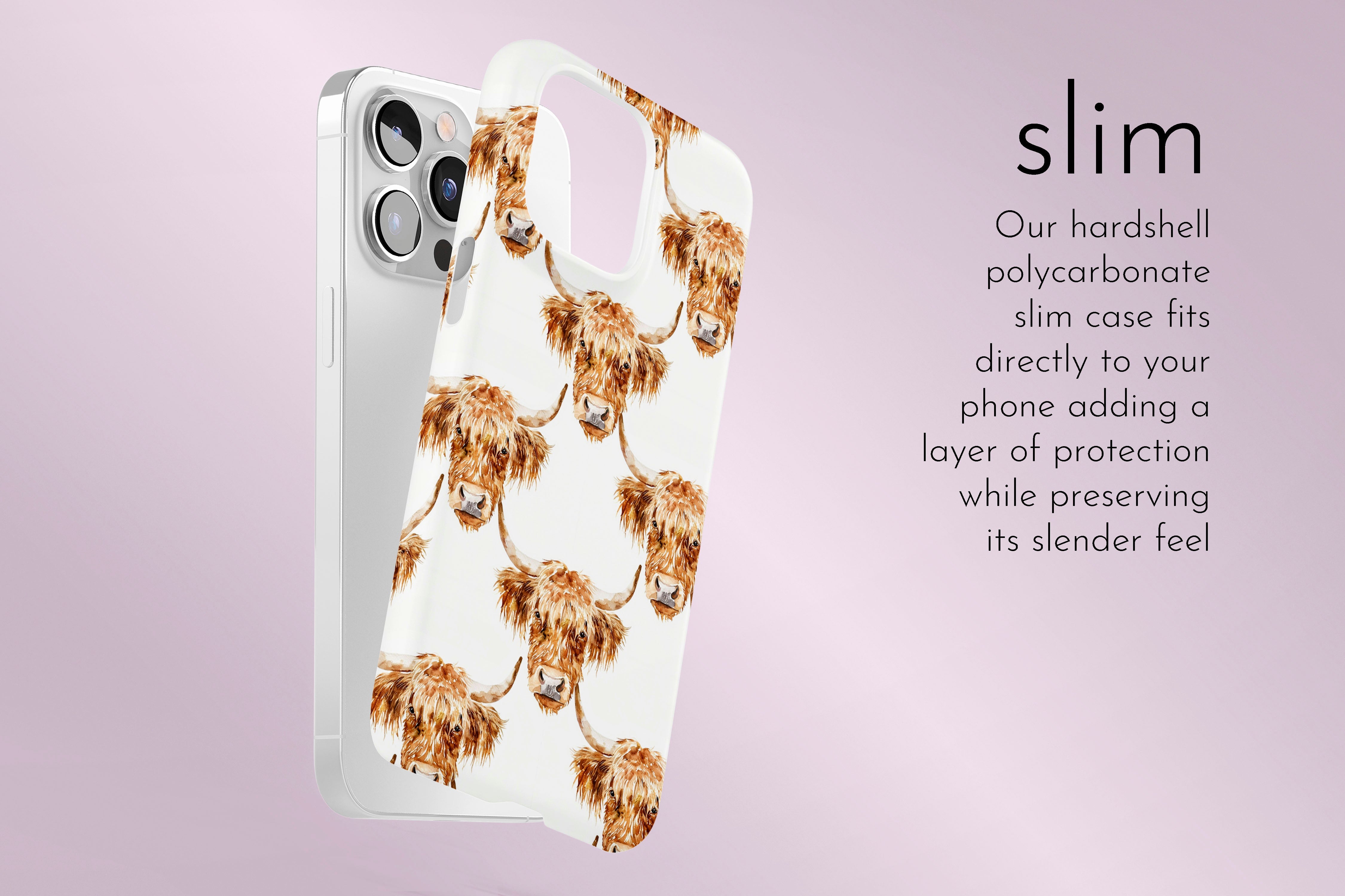 A graphic illustration of our Highland Cow design describing the main features of our slim type phone case
