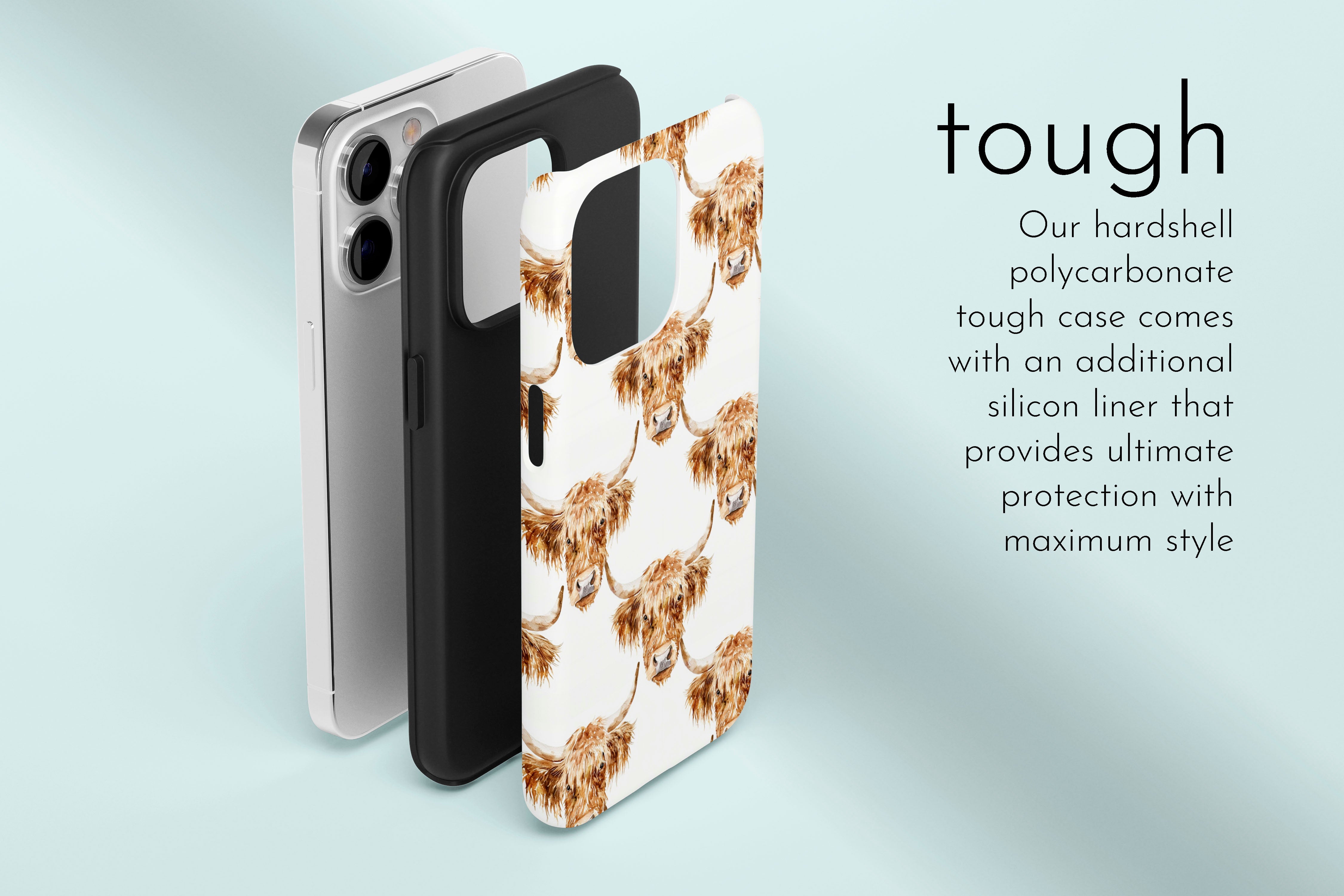 A graphic illustration of our Highland Cow design describing the main features of our tough type phone case