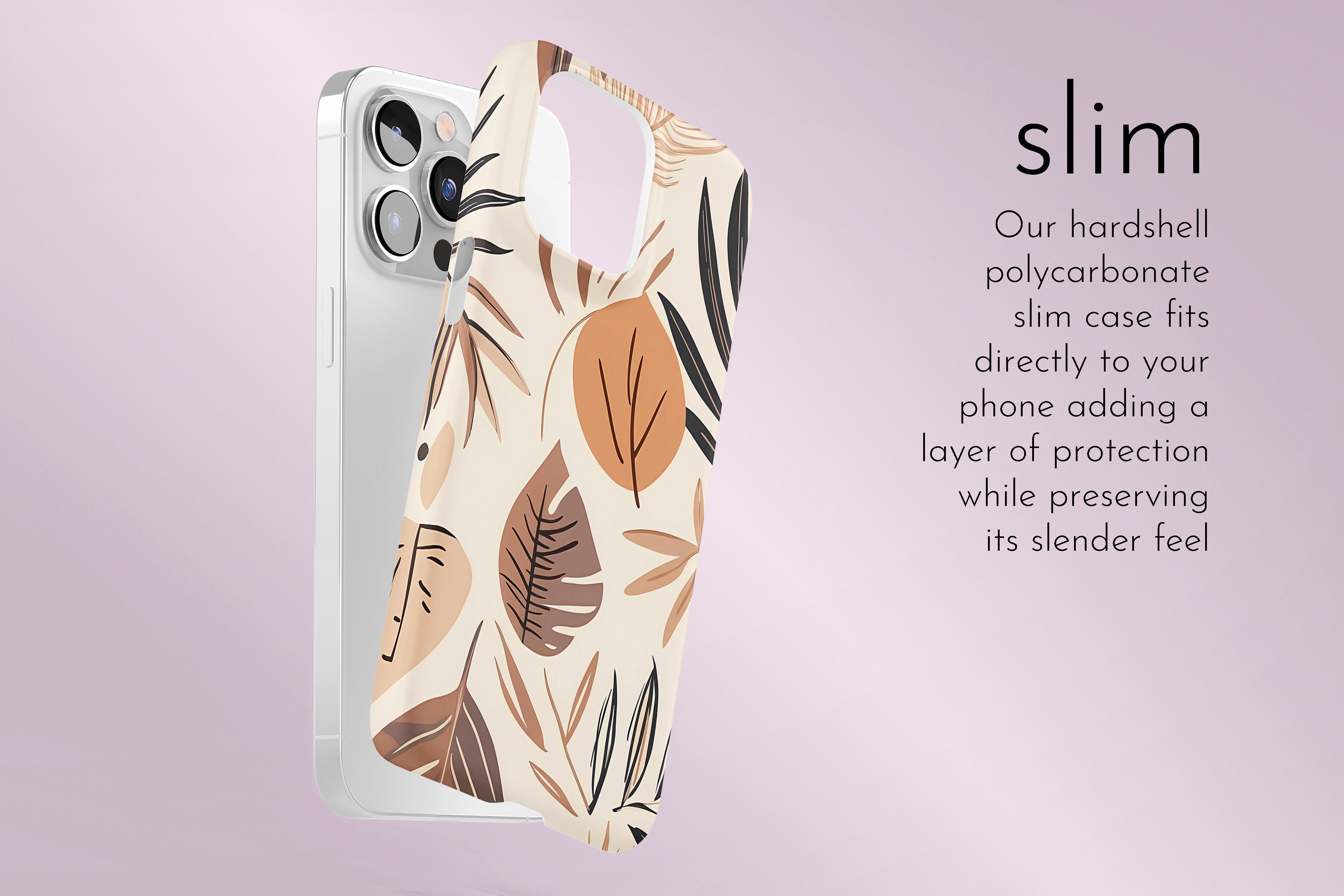 A graphic illustration of our Nude Leaf design describing the main features of our slim type phone case