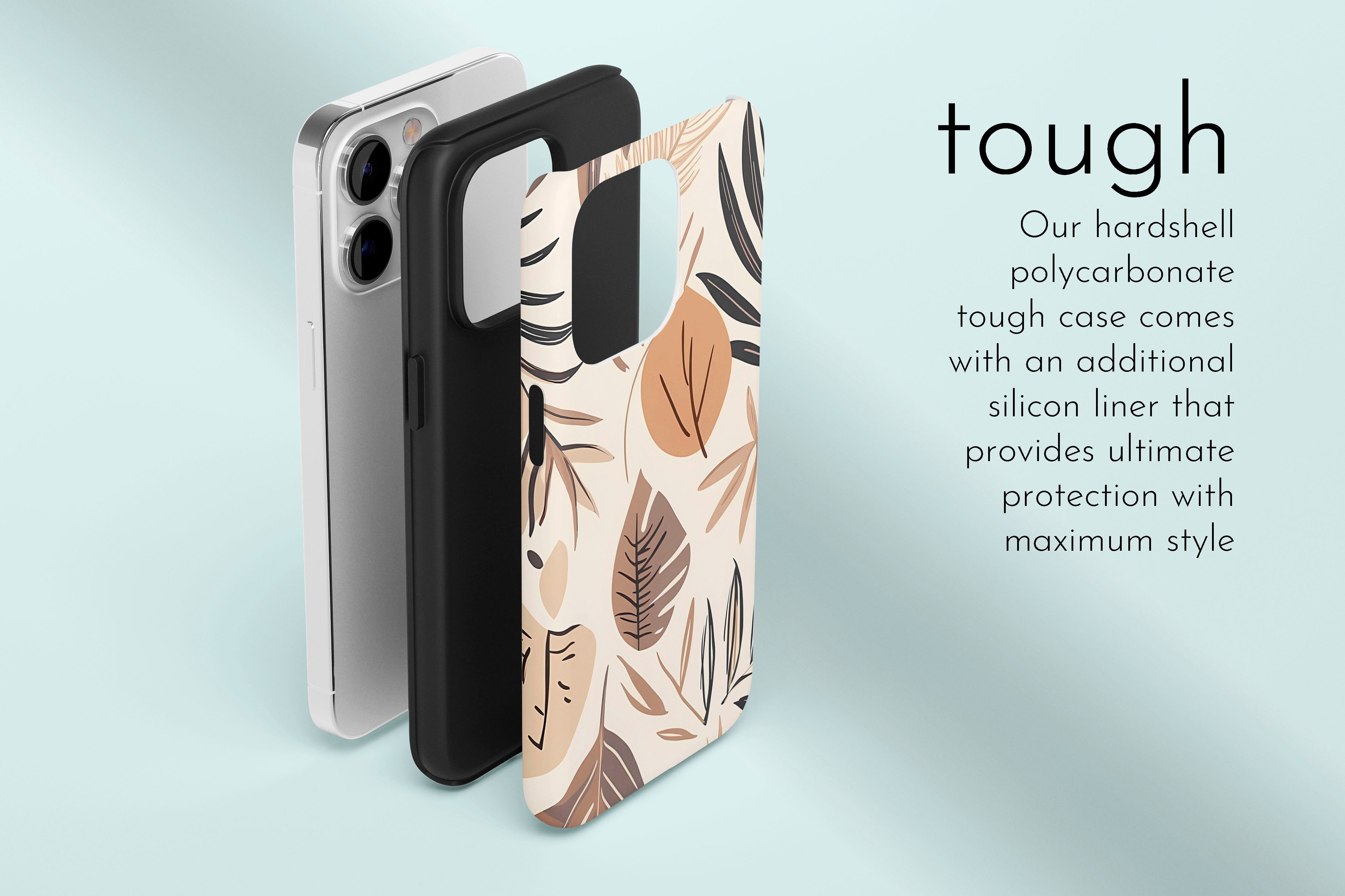 A graphic illustration of our Nude Leaf design describing the main features of our tough type phone case