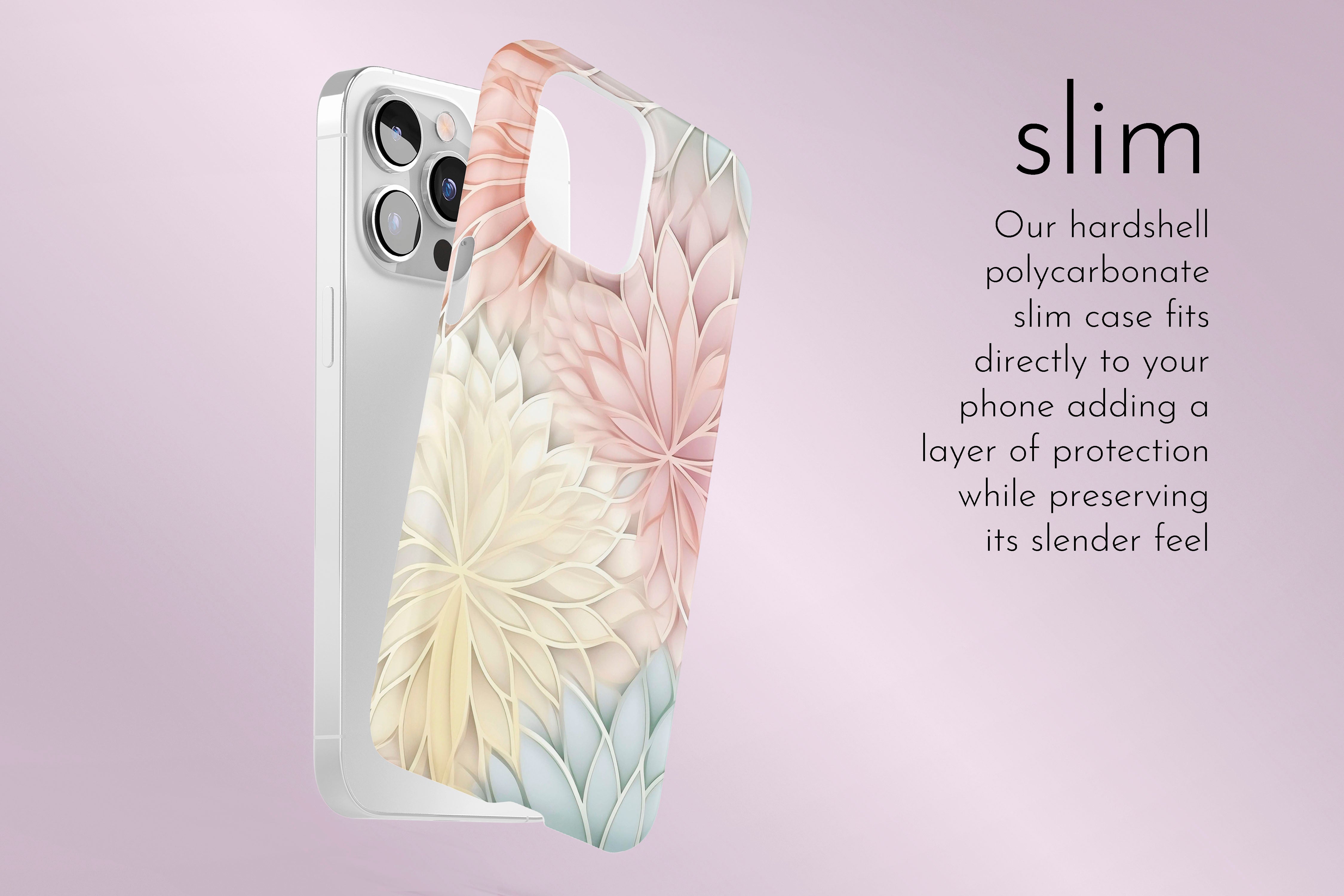 A graphic illustration of our Papier Mache design describing the main features of our slim type phone case