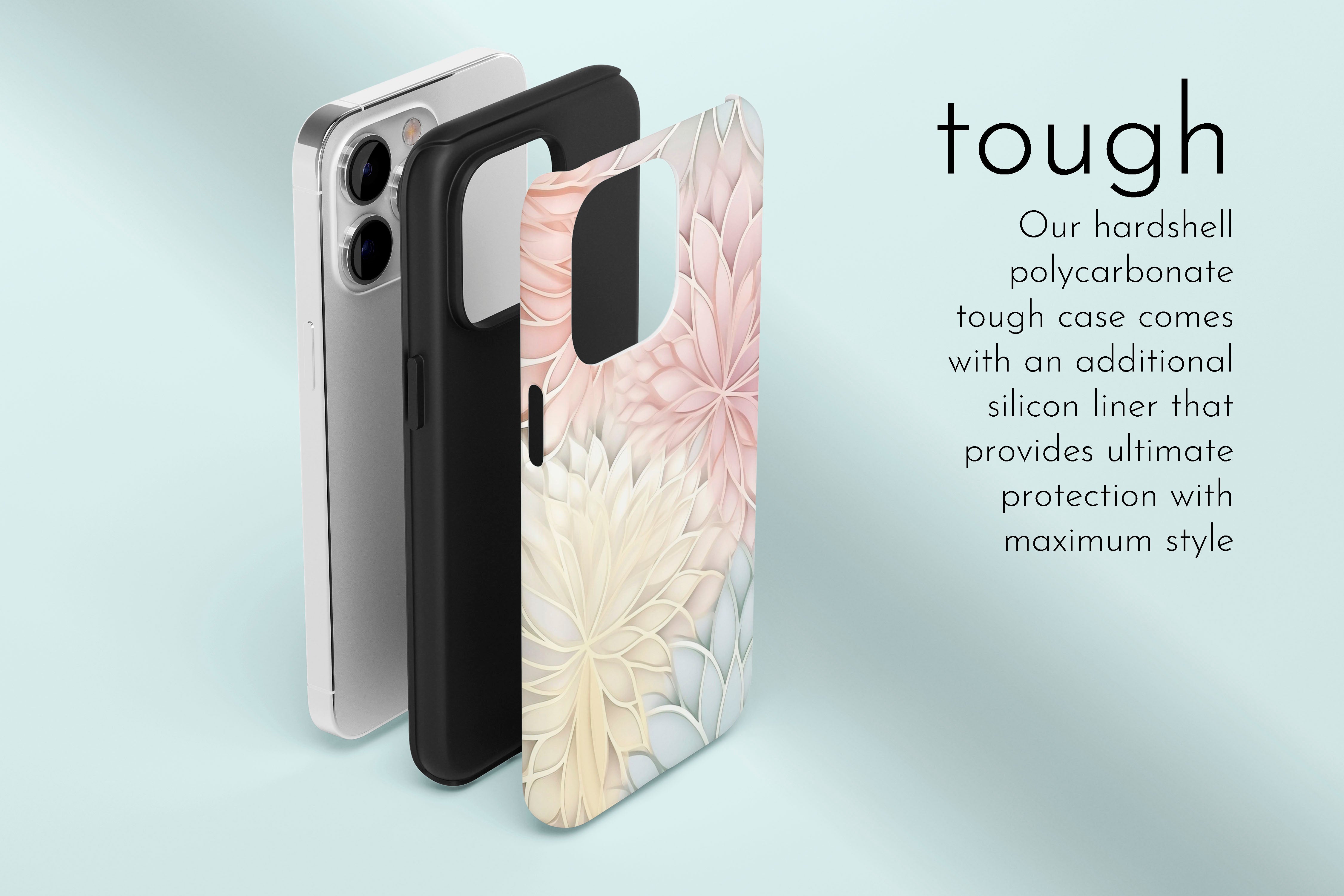 A graphic illustration of our Papier Mache design describing the main features of our tough type phone case