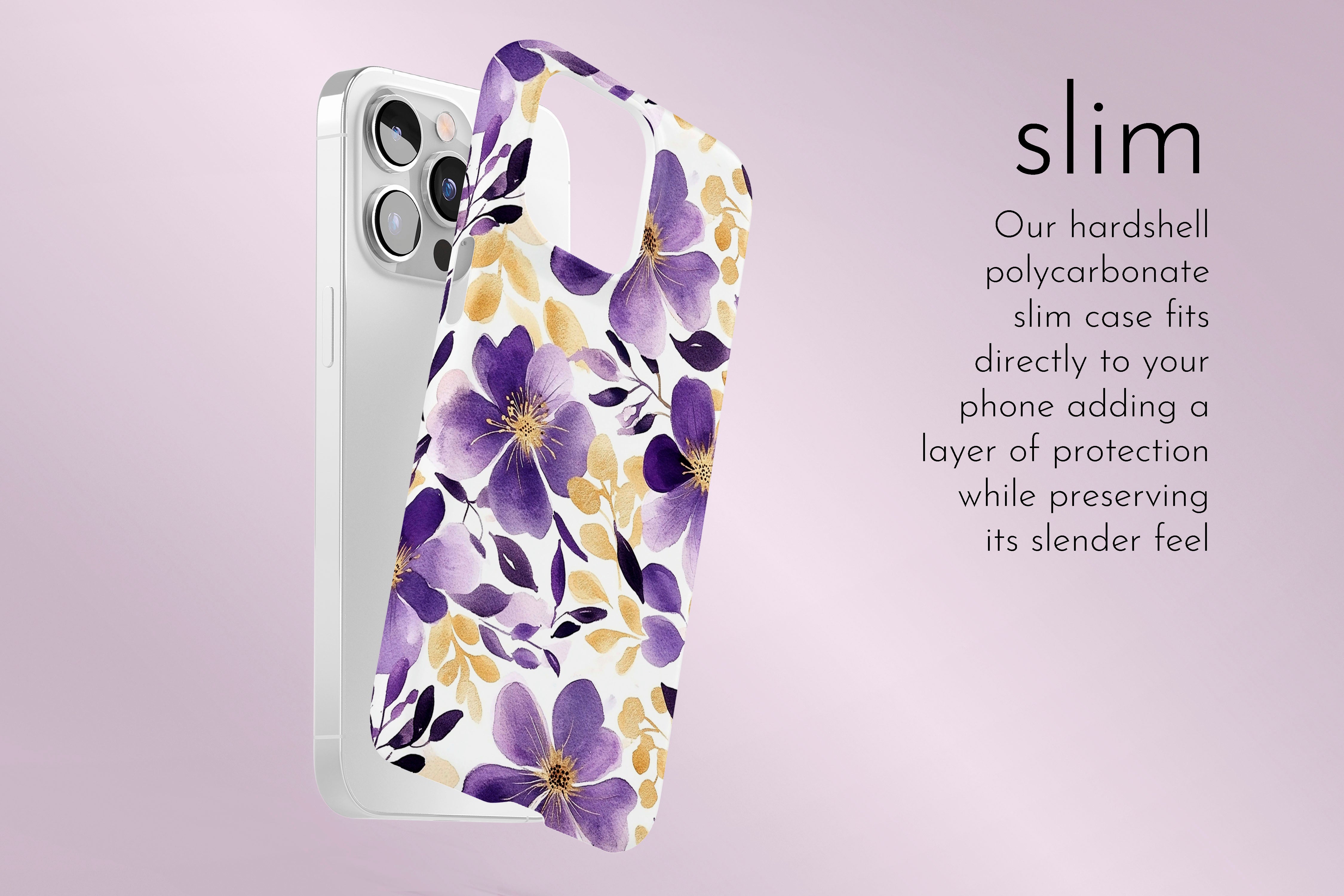 A graphic illustration of our Parma Violets design describing the main features of our slim type phone case
