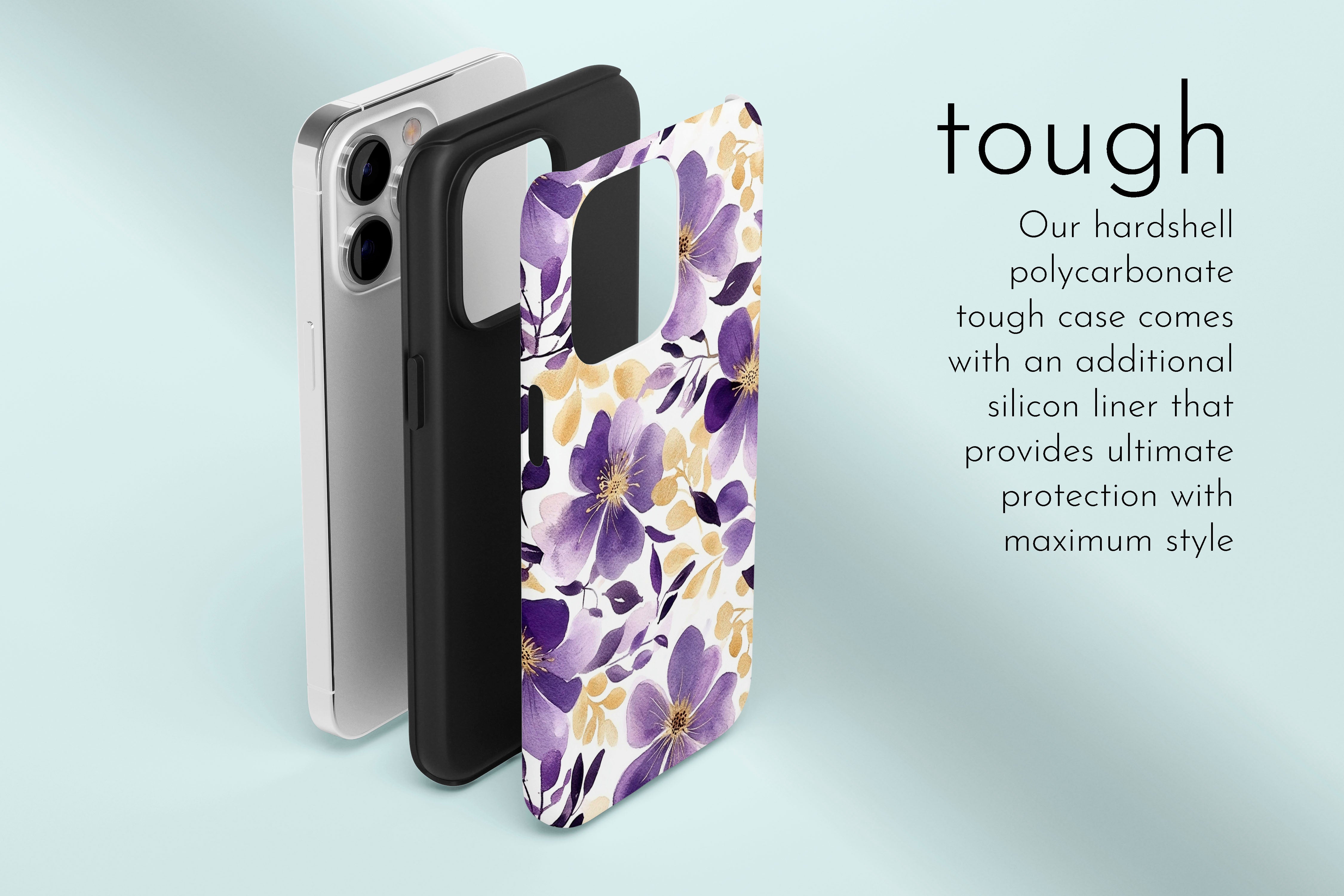 A graphic illustration of our Parma Violets design describing the main features of our tough type phone case