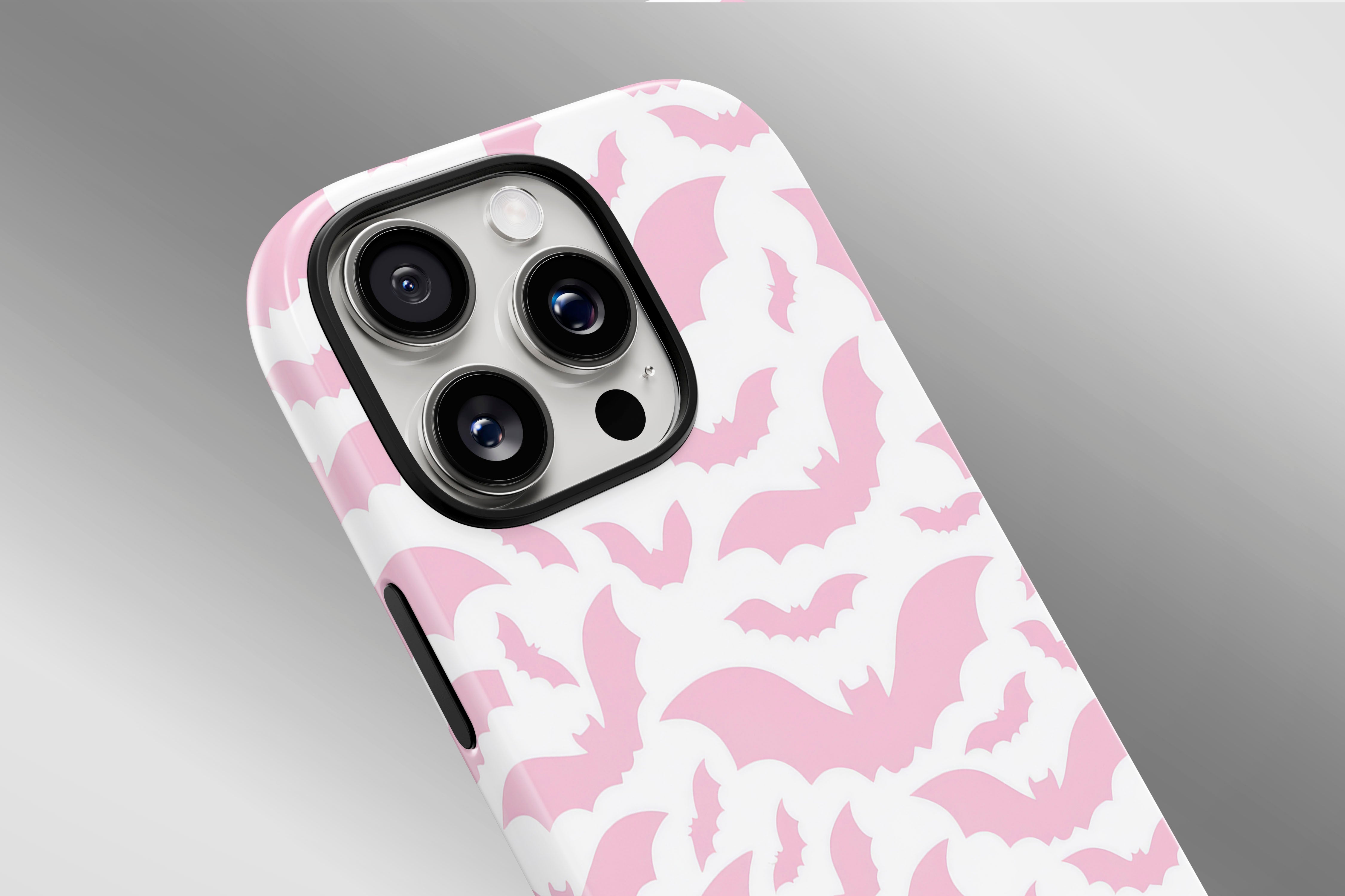 A close up image of a phone case featuring our Pink Bats design