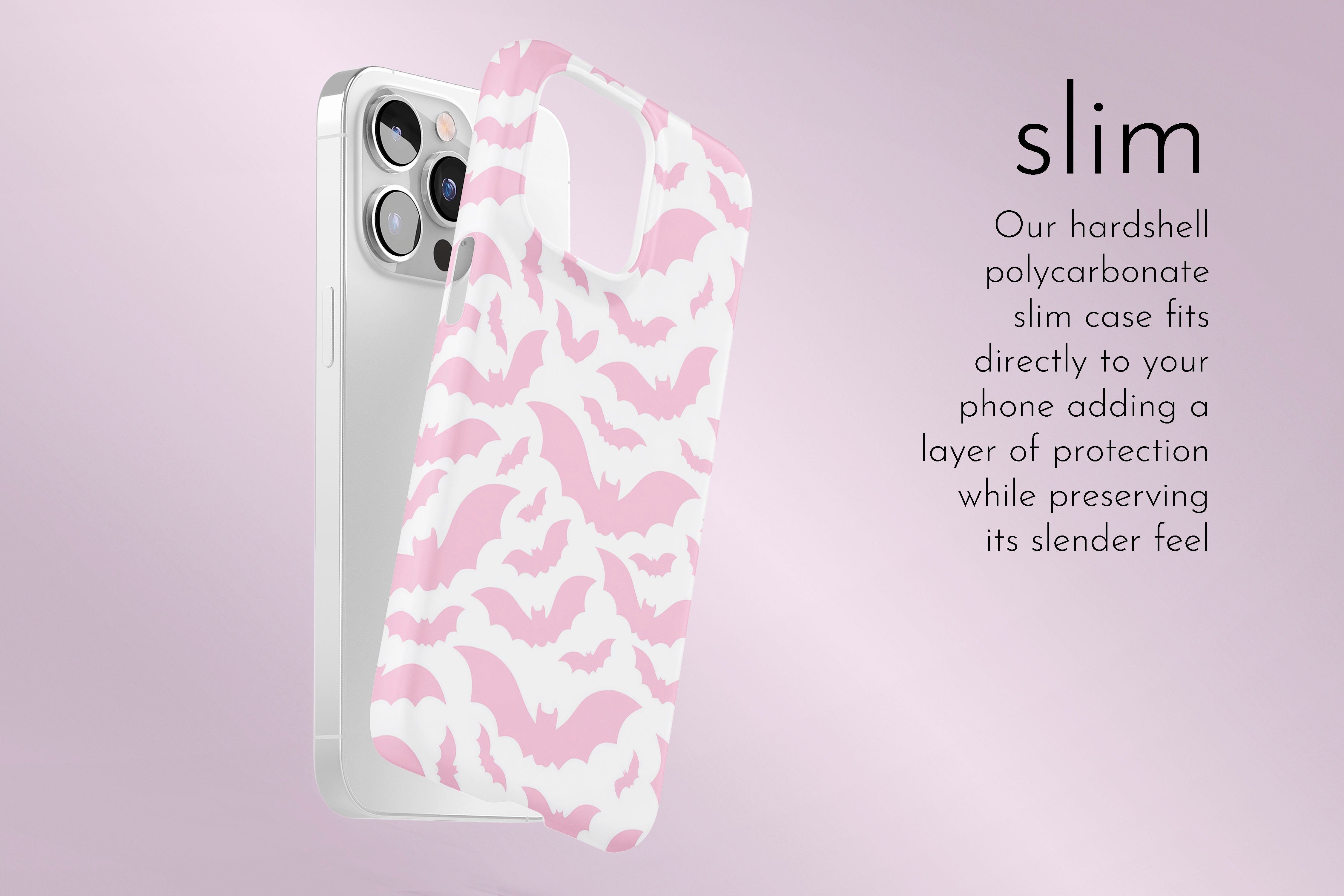 A graphic illustration of our Pink Bats design describing the main features of our slim type phone case
