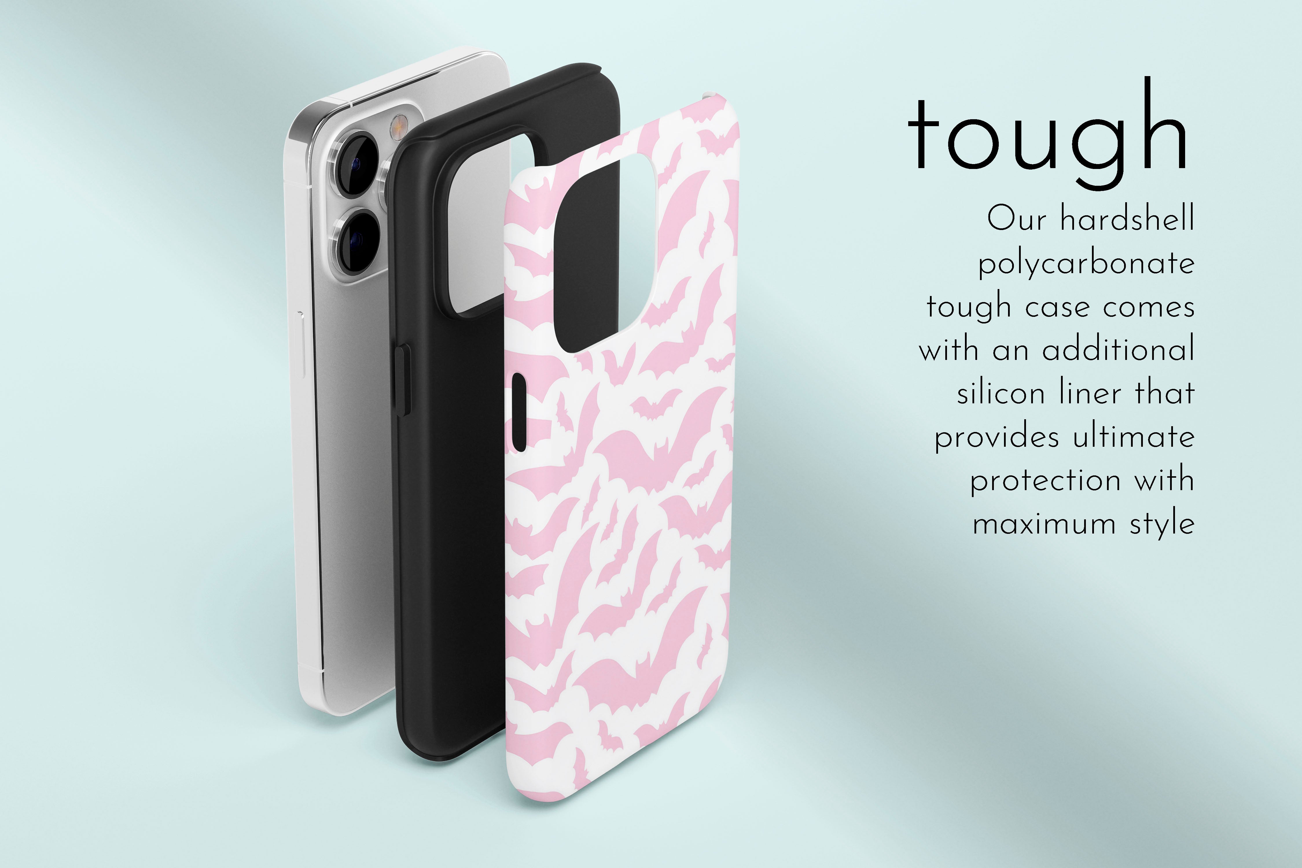 A graphic illustration of our Pink Bats design describing the main features of our tough type phone case