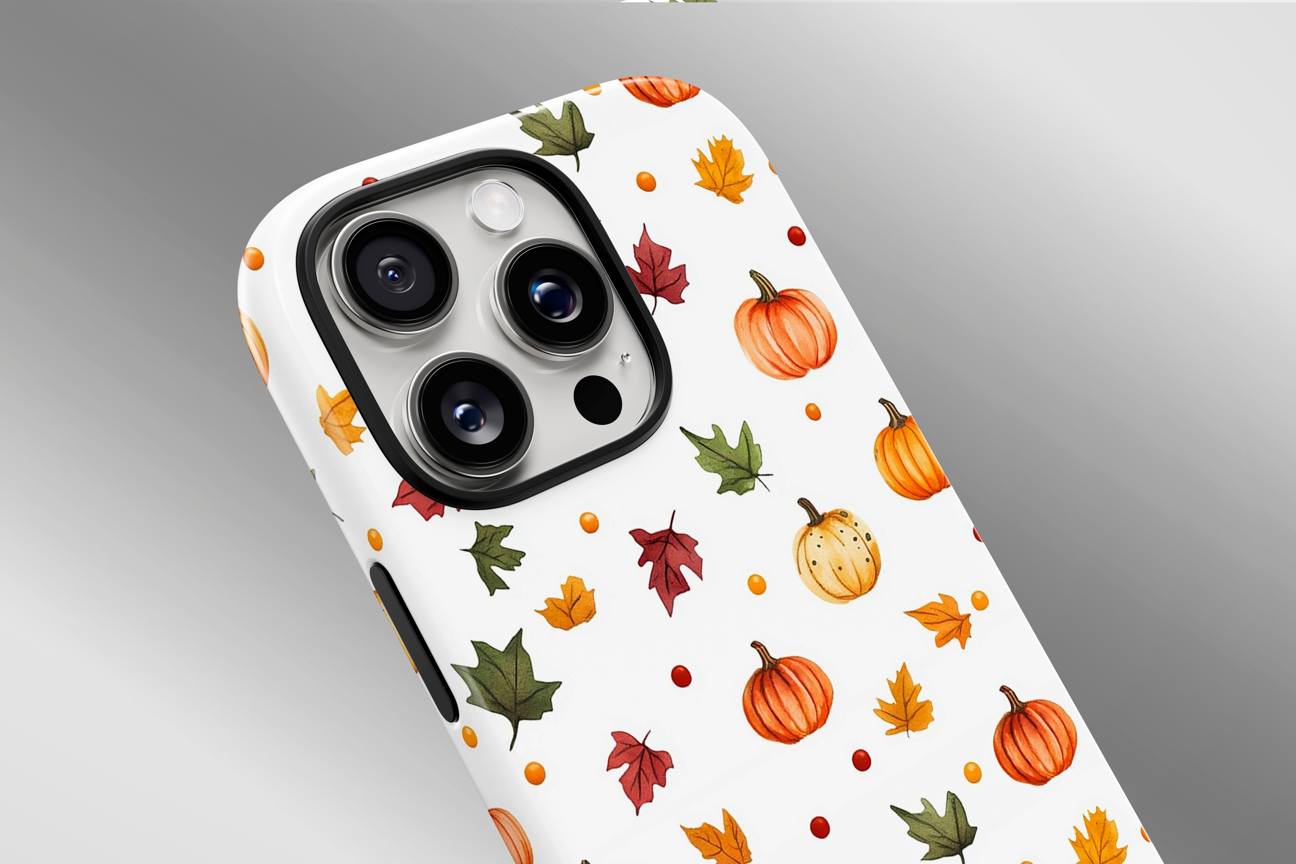 A close up image of a phone case featuring our Pumpkins design