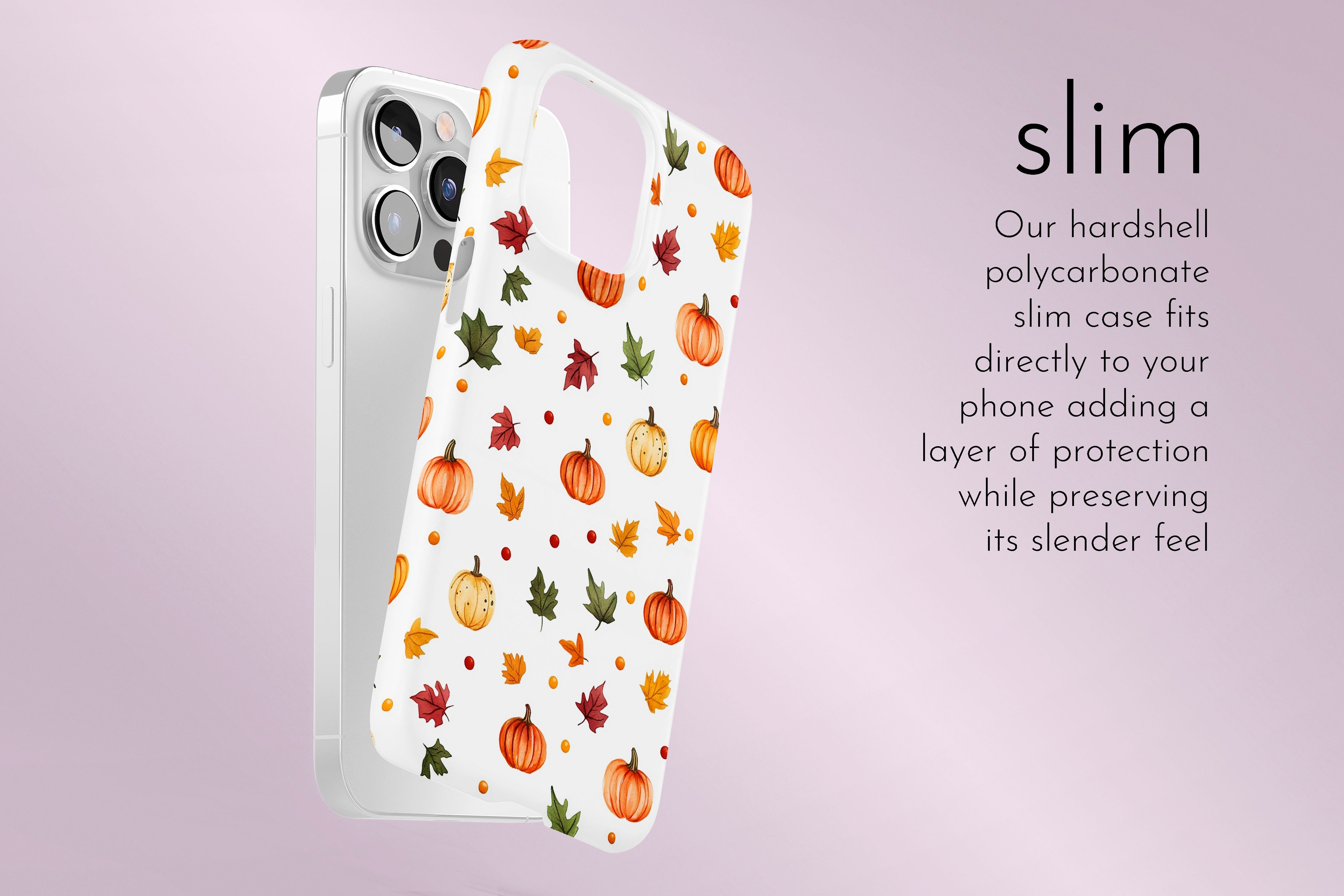 A graphic illustration of our Pumpkins design describing the main features of our slim type phone case