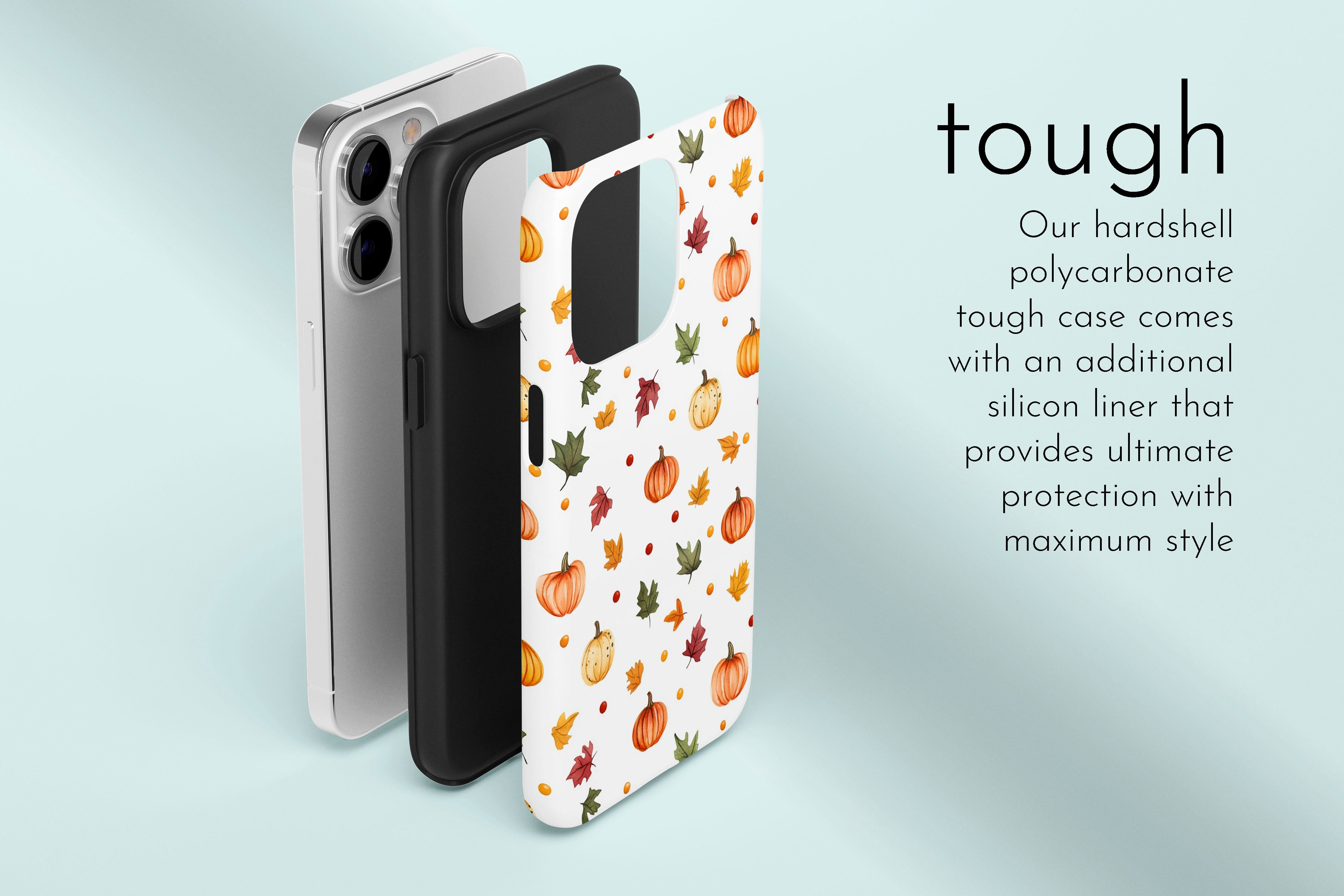 A graphic illustration of our Pumpkins design describing the main features of our tough type phone case