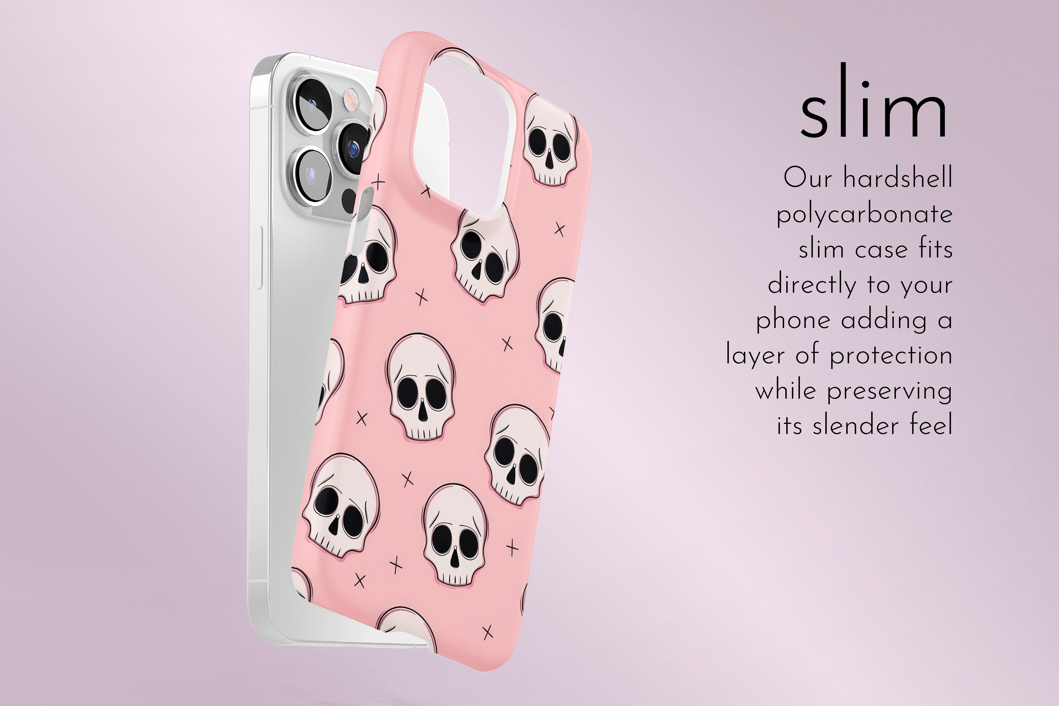 A graphic illustration of our Skulls design describing the main features of our slim type phone case