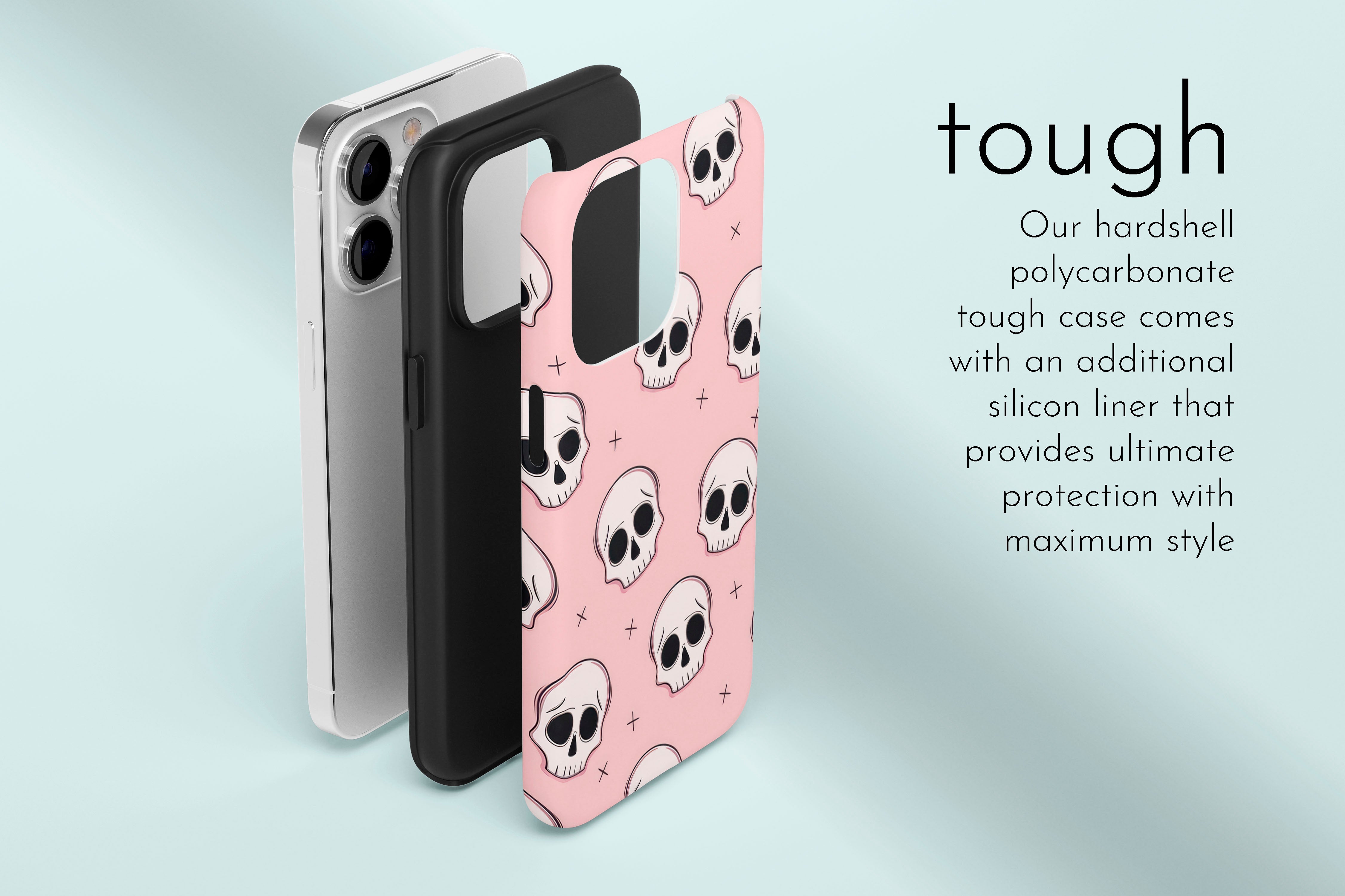 A graphic illustration of our Skulls design describing the main features of our tough type phone case
