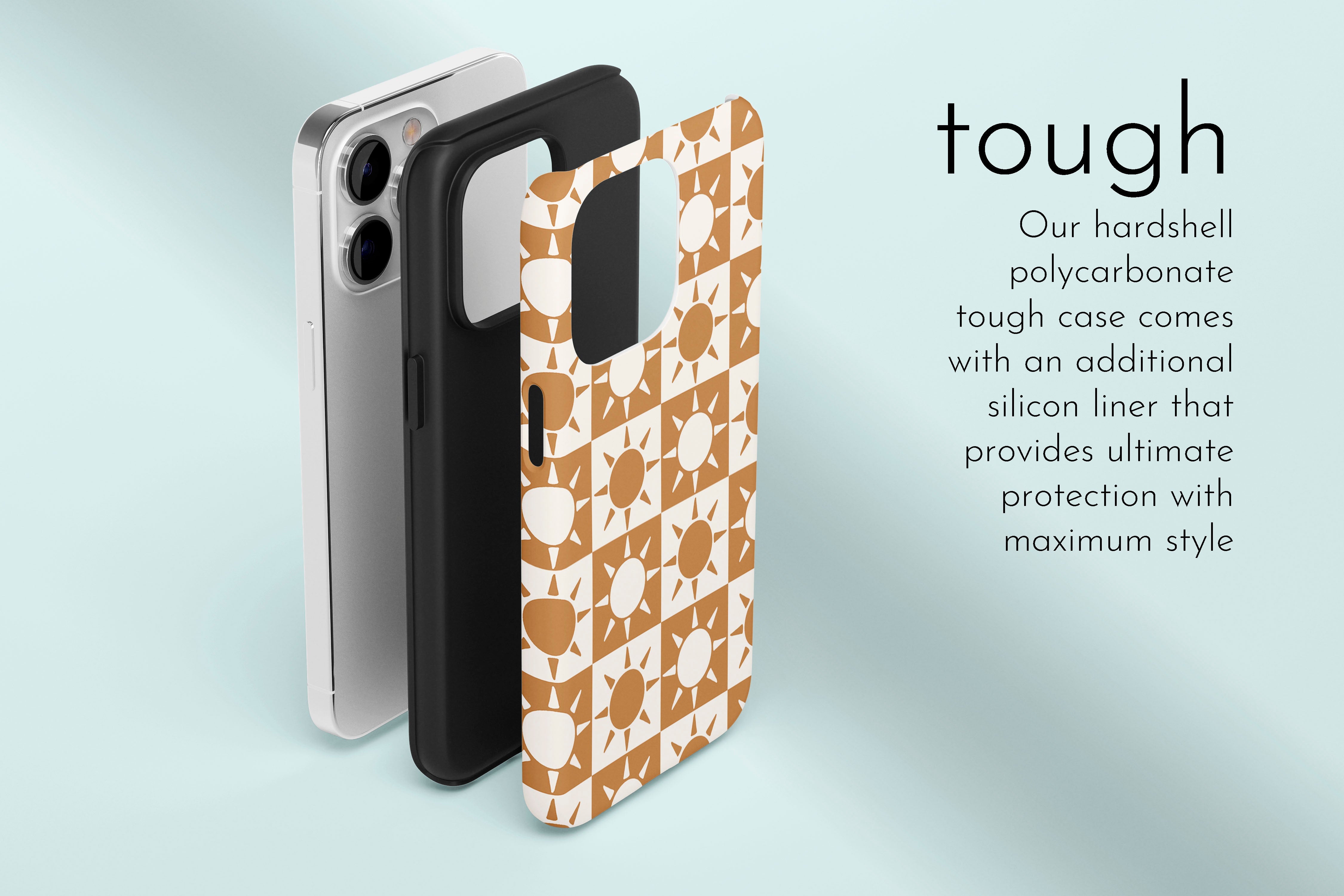 A graphic illustration of our Sun design describing the main features of our tough type phone case