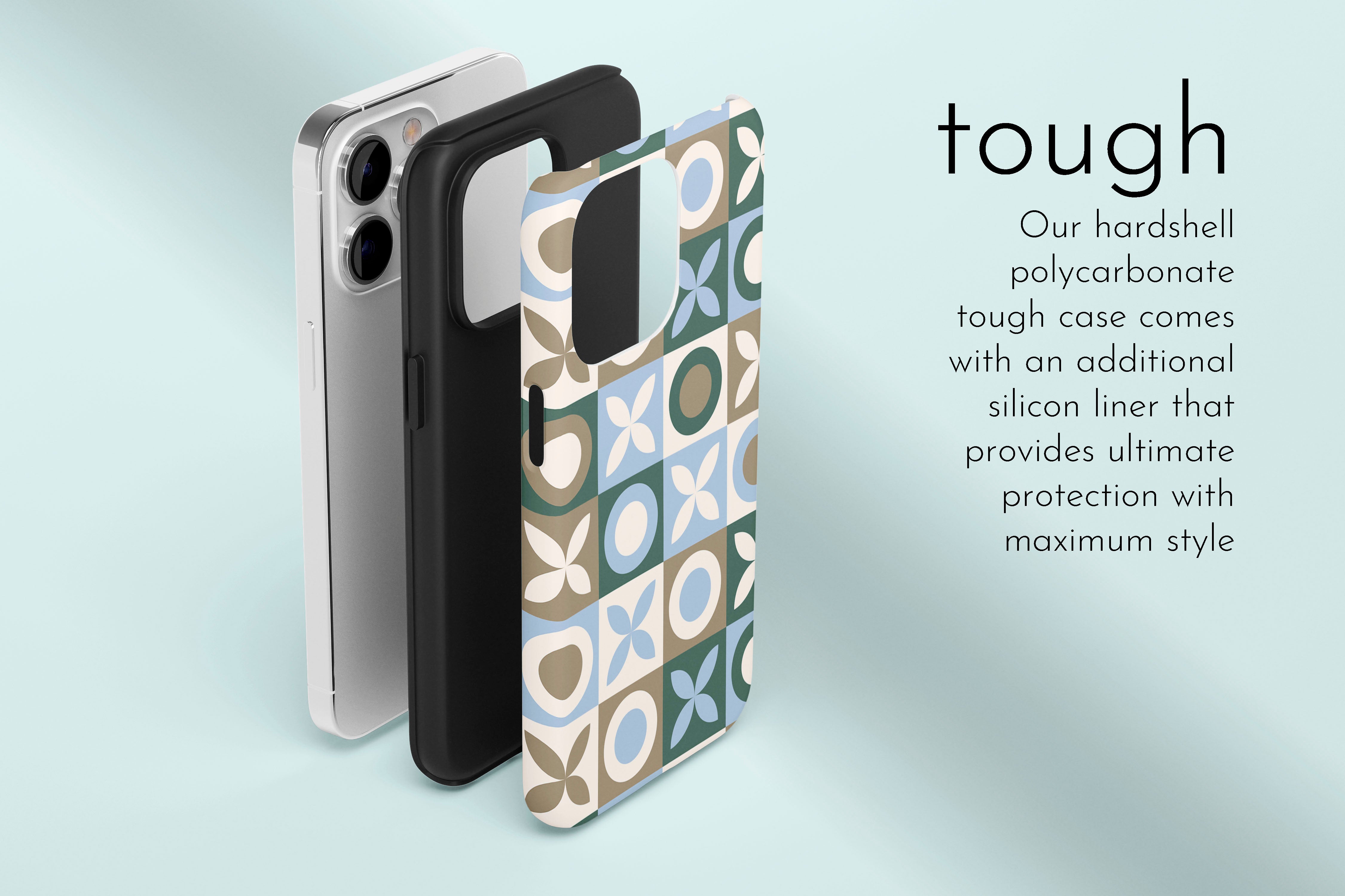 A graphic illustration of our Tile design describing the main features of our tough type phone case