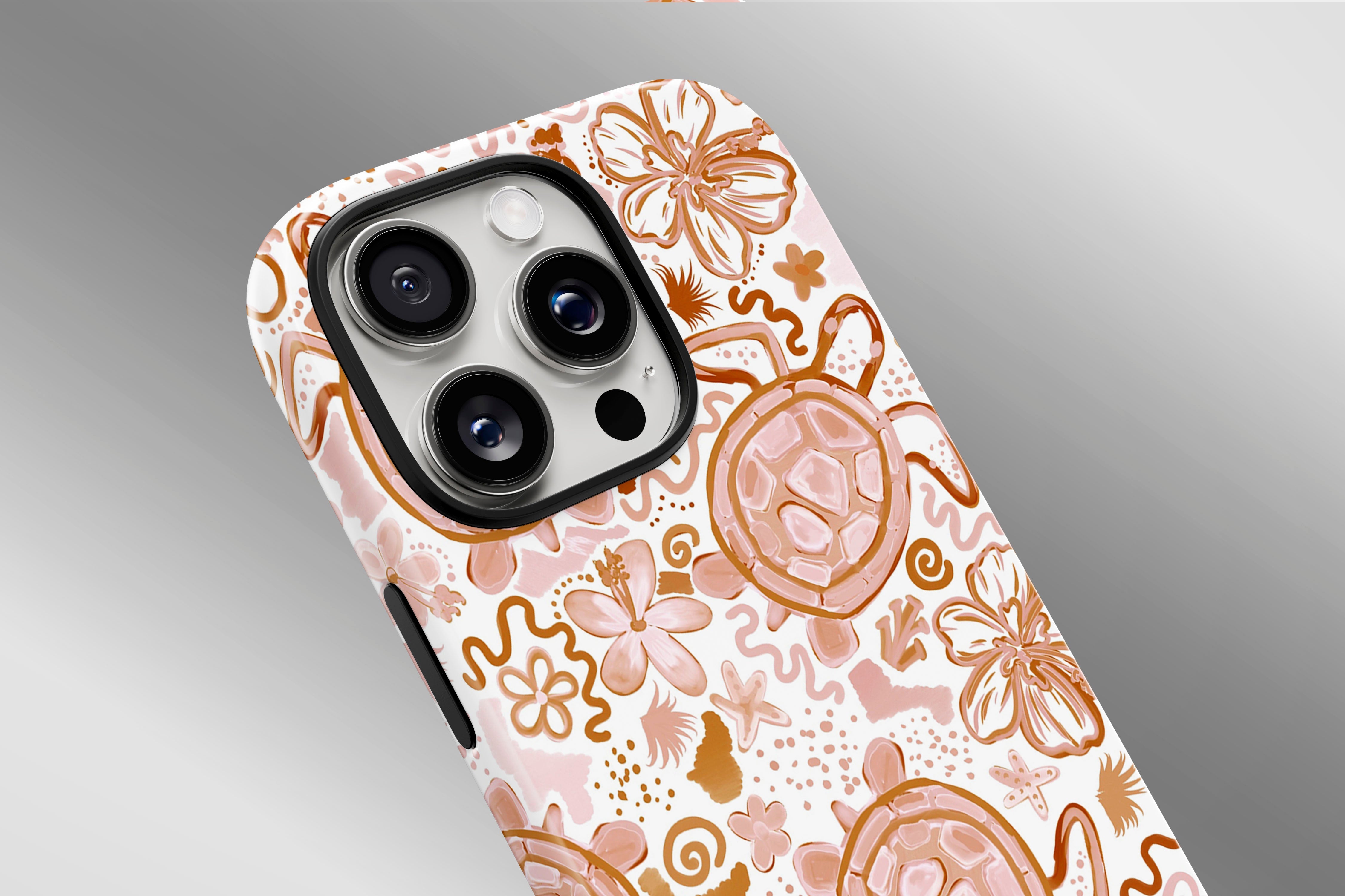 A close up image of a phone case featuring our Turtles design