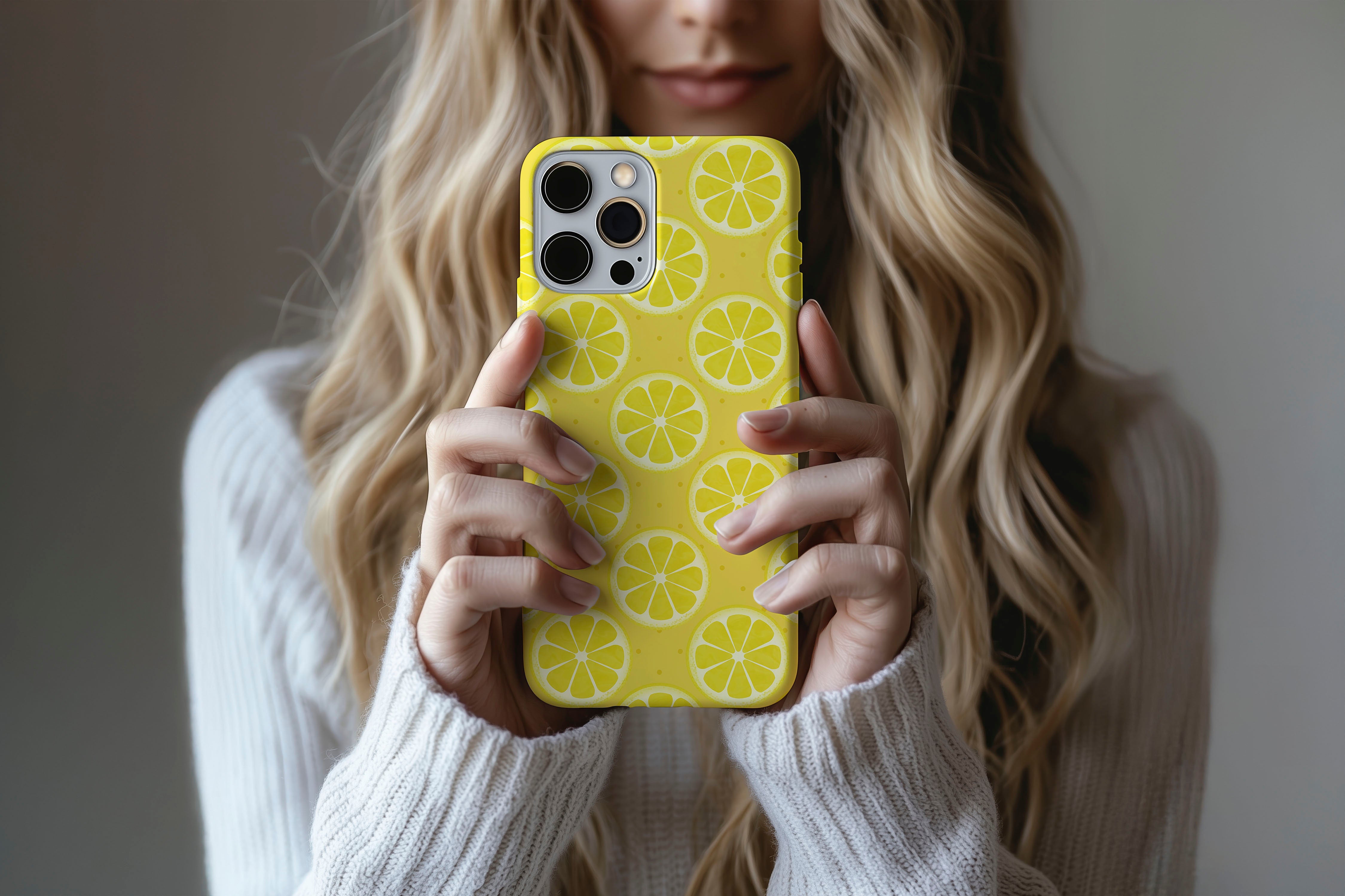 A cute girl holding a phone case featuring our Zesty Lemon design
