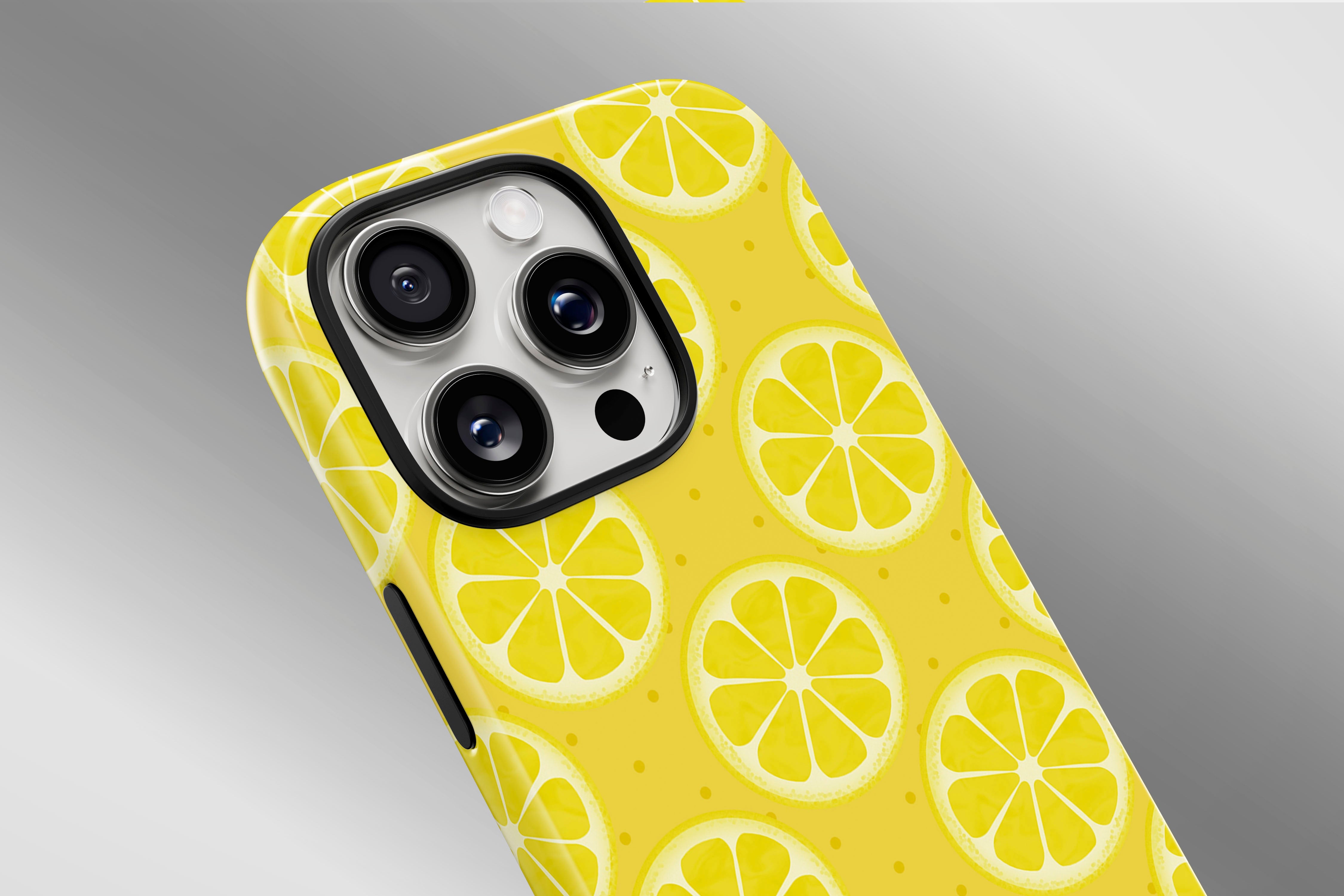 A close up image of a phone case featuring our Zesty Lemon design