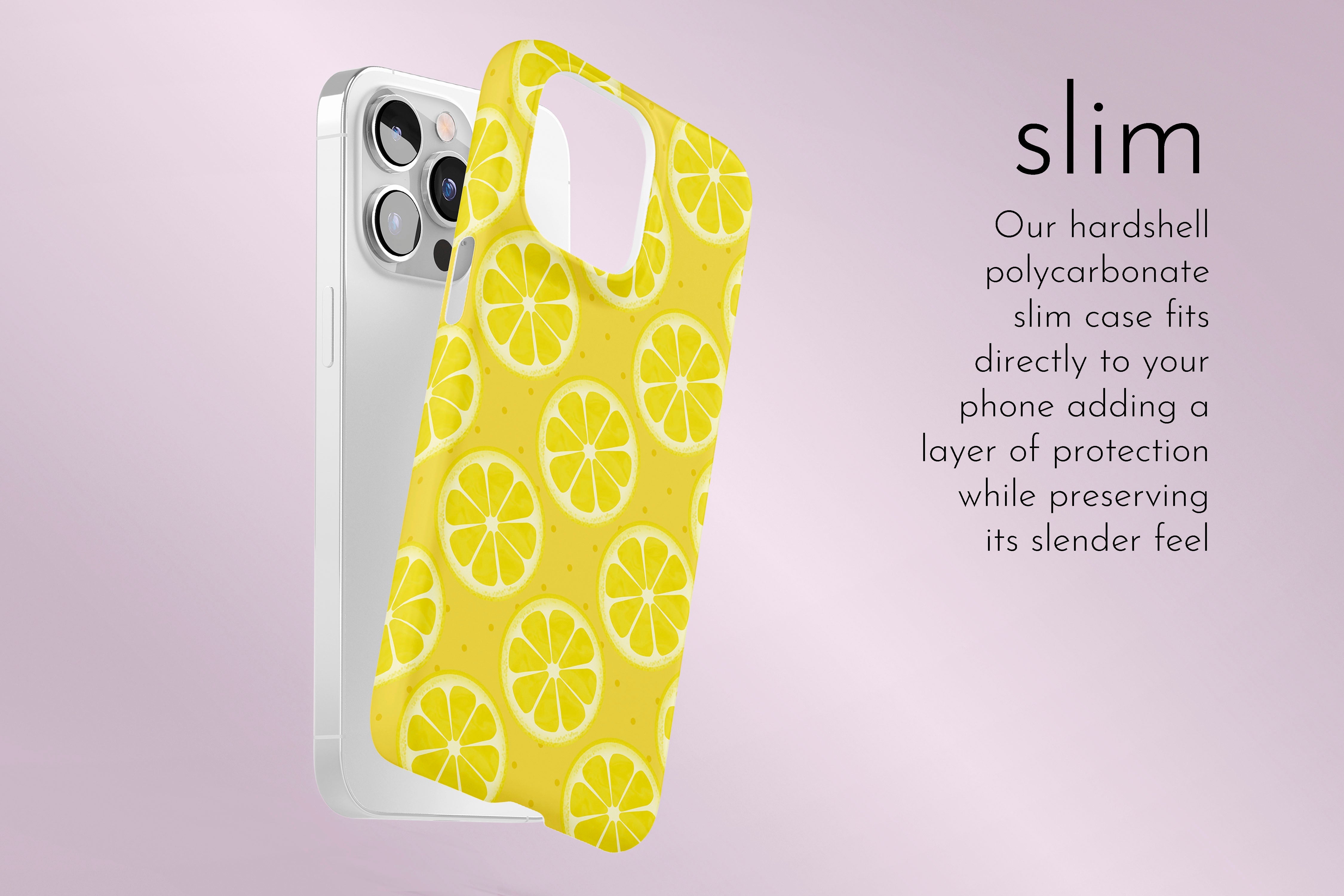 A graphic illustration of our Zesty Lemon design describing the main features of our slim type phone case