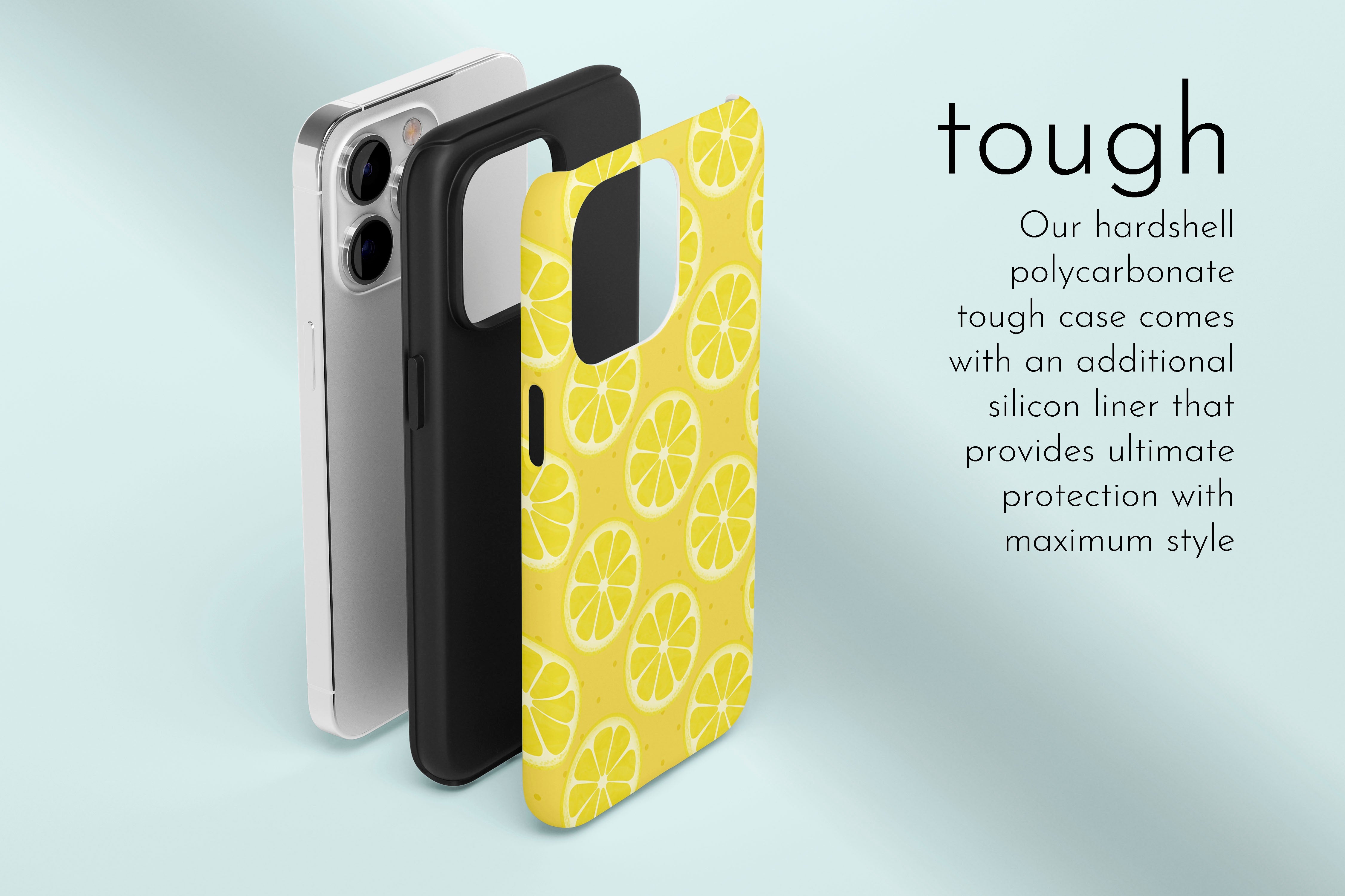 A graphic illustration of our Zesty Lemon design describing the main features of our tough type phone case