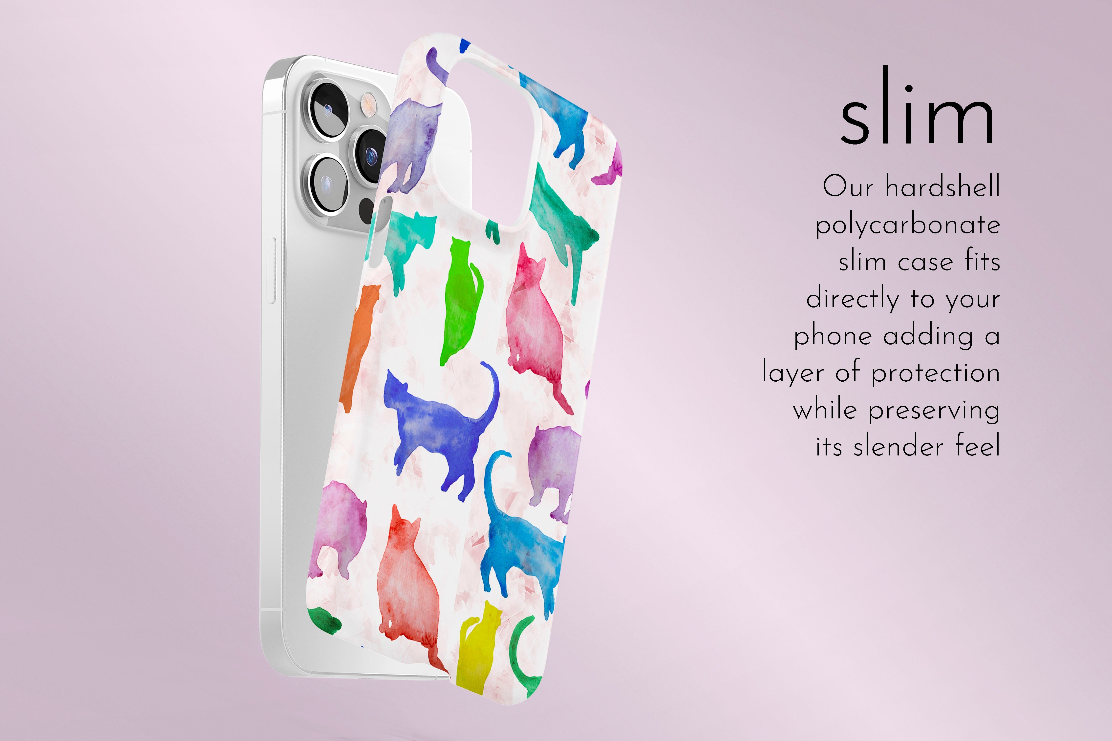 A graphic illustration of our Abstract Cats design describing the main features of our slim type phone case