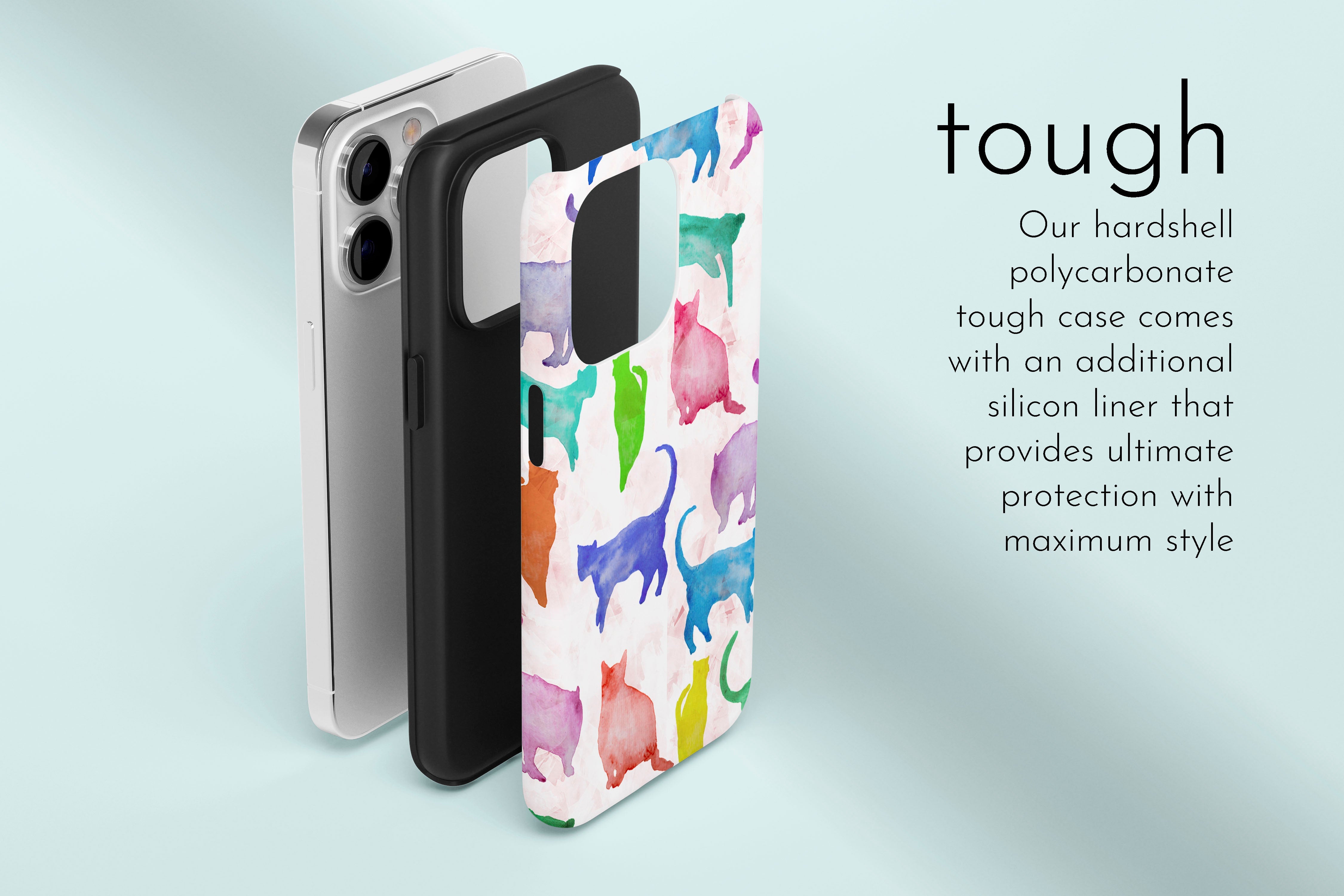 A graphic illustration of our Abstract Cats design describing the main features of our tough type phone case
