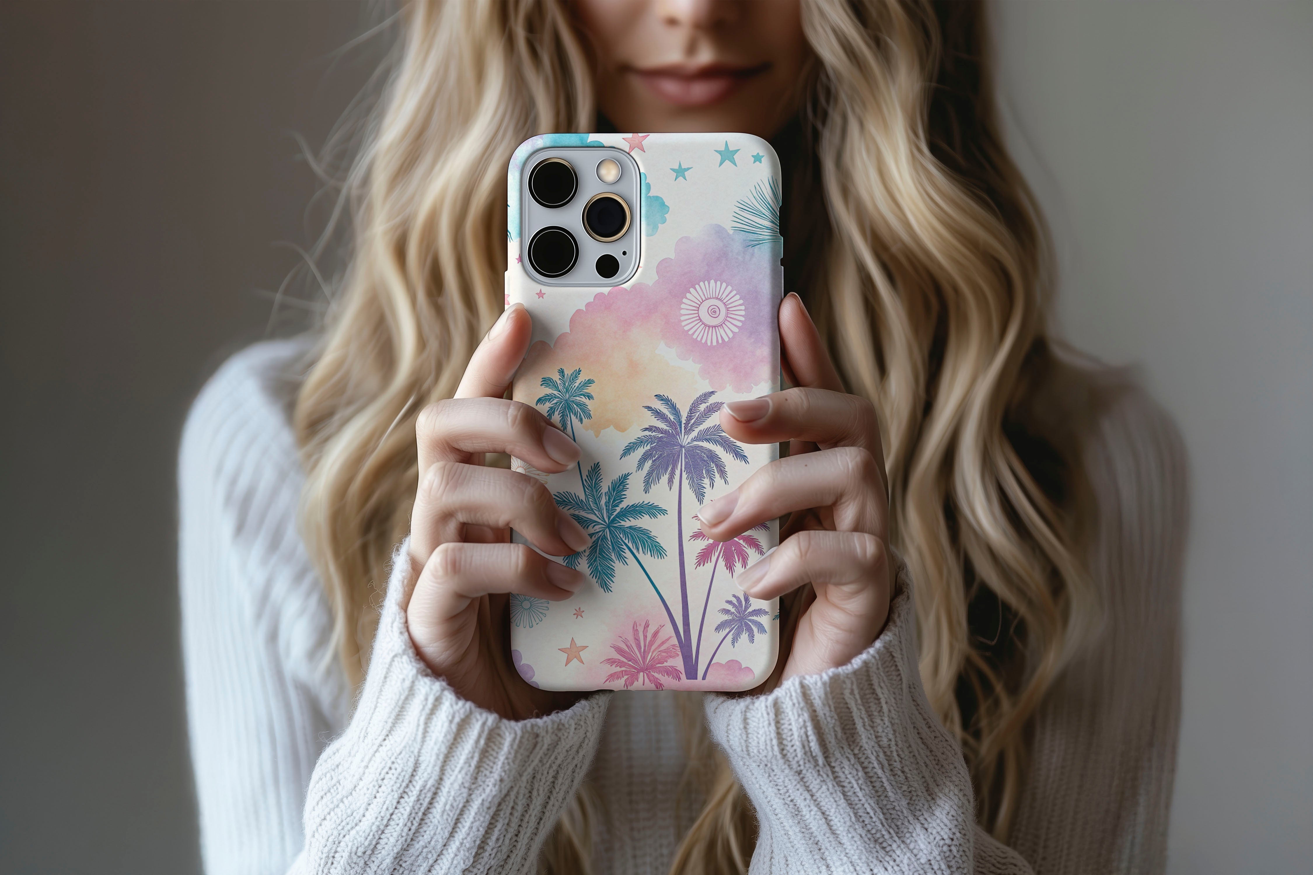 A cute girl holding a phone case featuring our Abstract Palm design