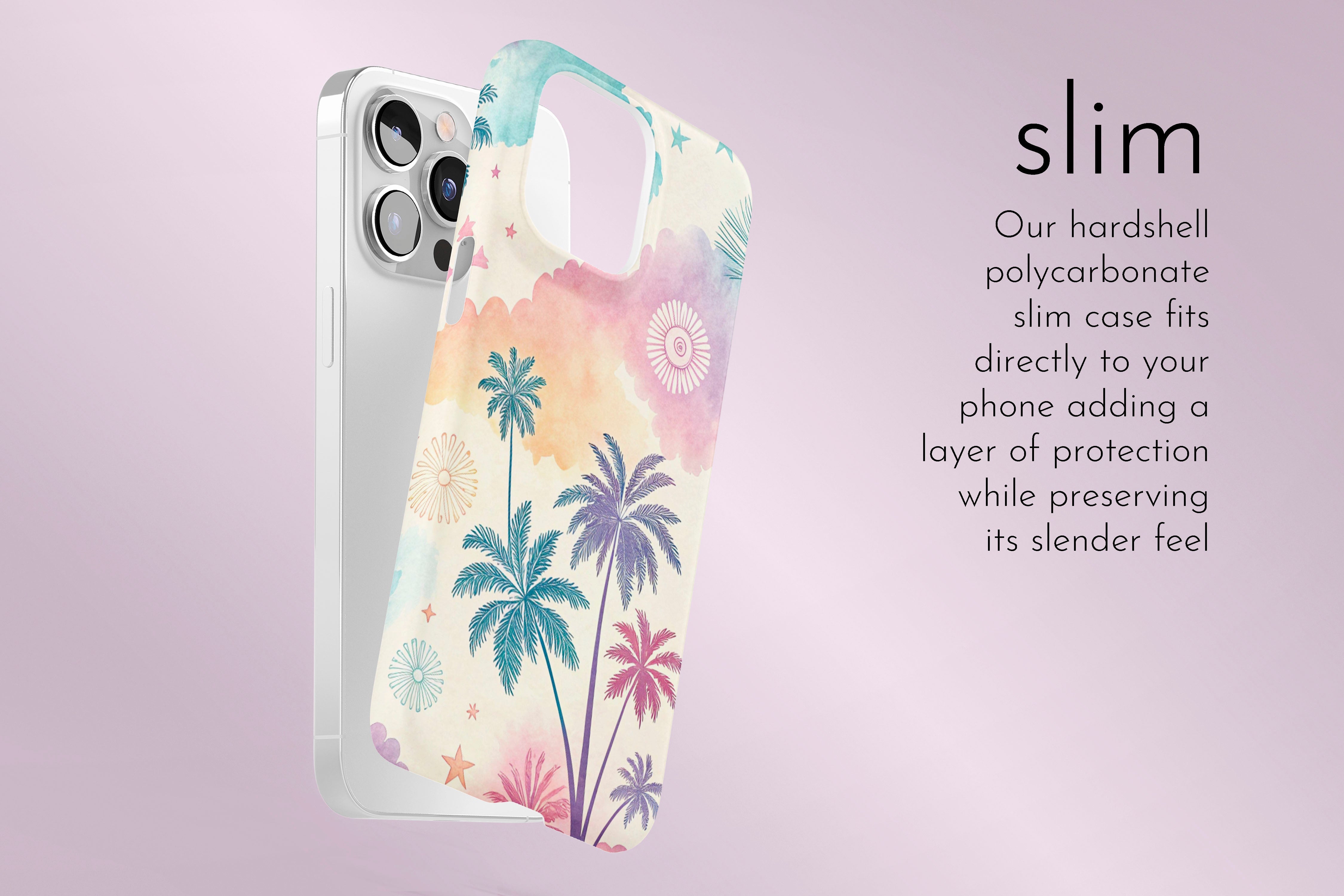 A graphic illustration of our Abstract Palm design describing the main features of our slim type phone case