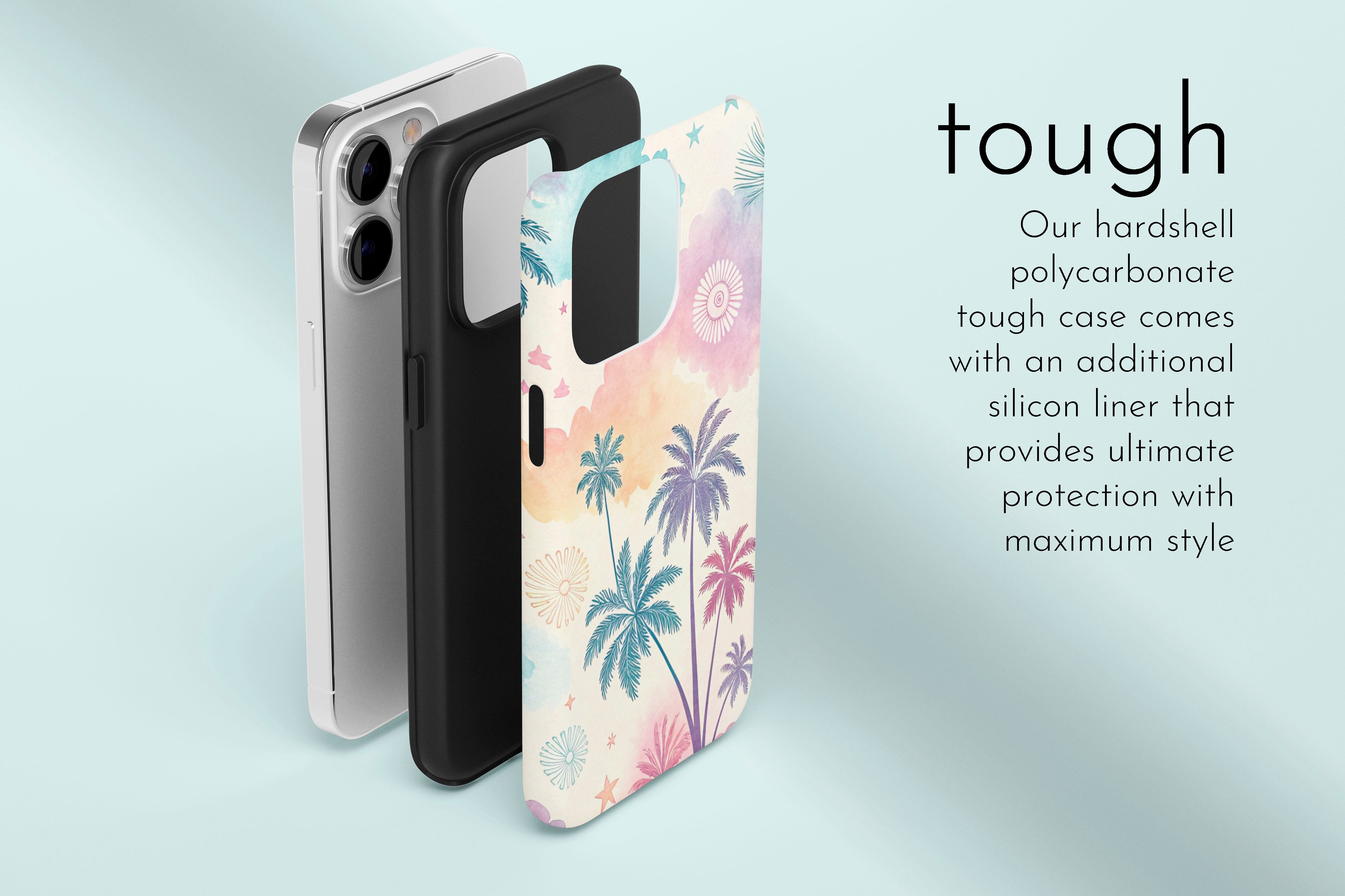 A graphic illustration of our Abstract Palm design describing the main features of our tough type phone case