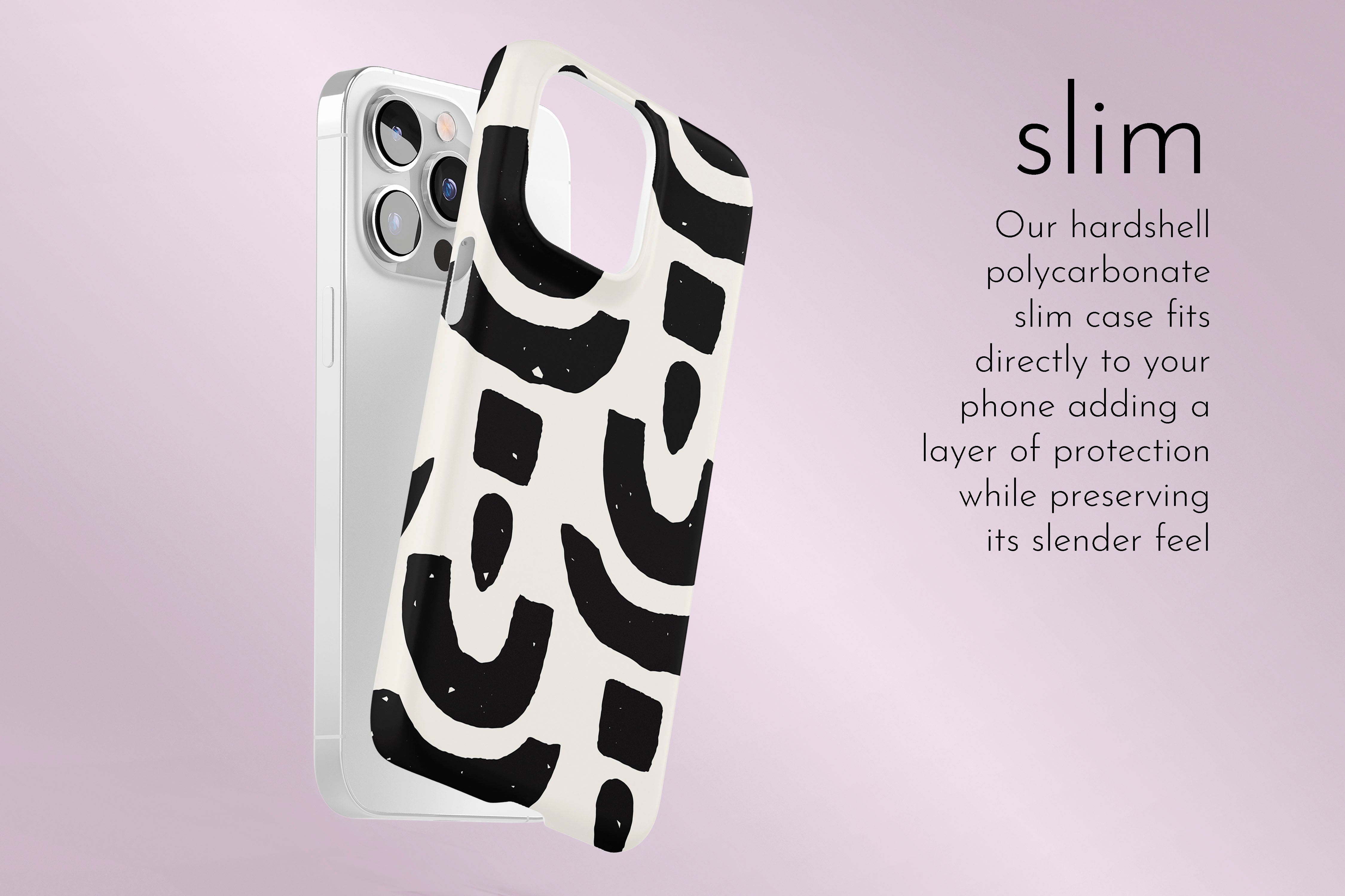 A graphic illustration of our Abstract Shapes design describing the main features of our slim type phone case